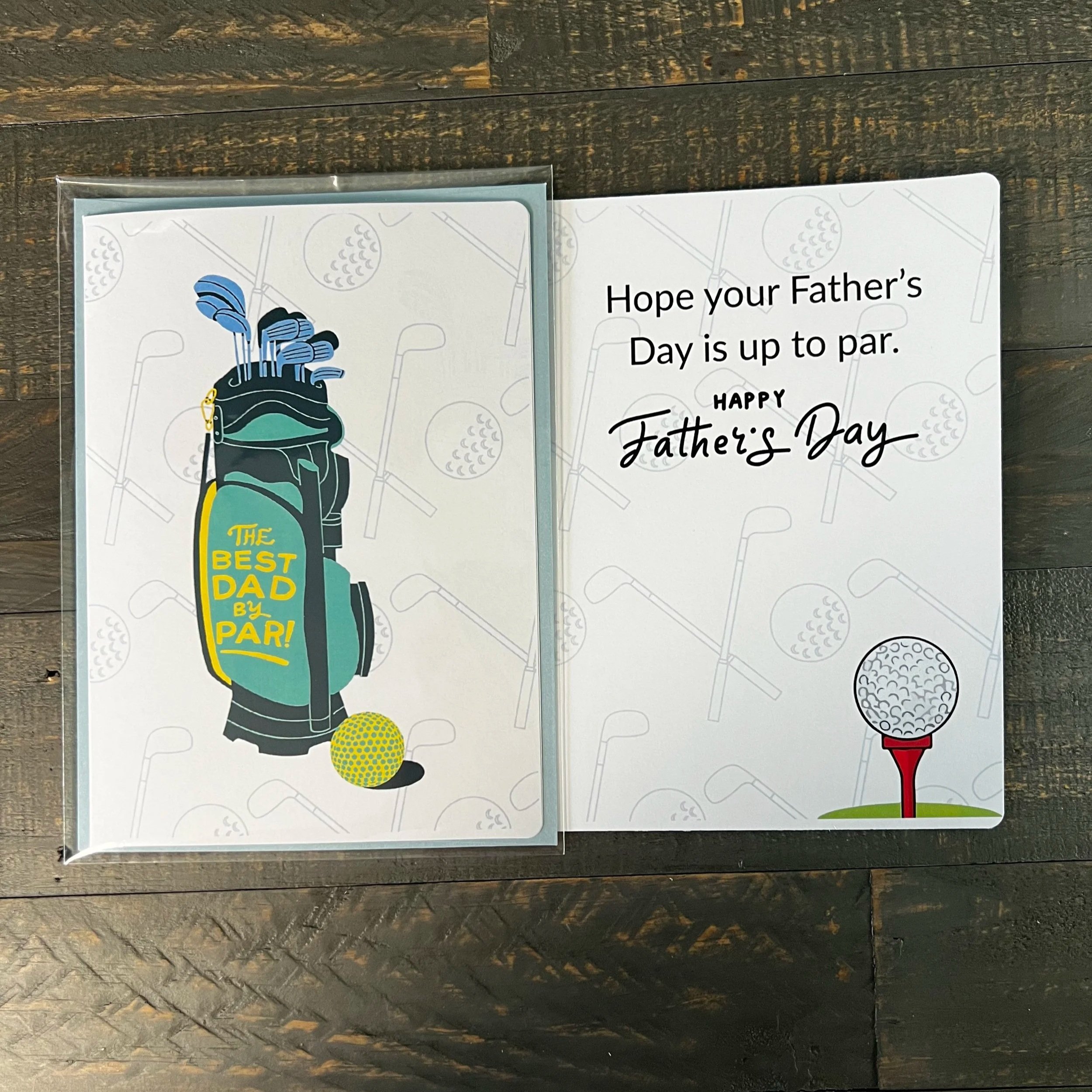 Golf Father’s Day card displayed open with punny inside message and golf bag cover visible