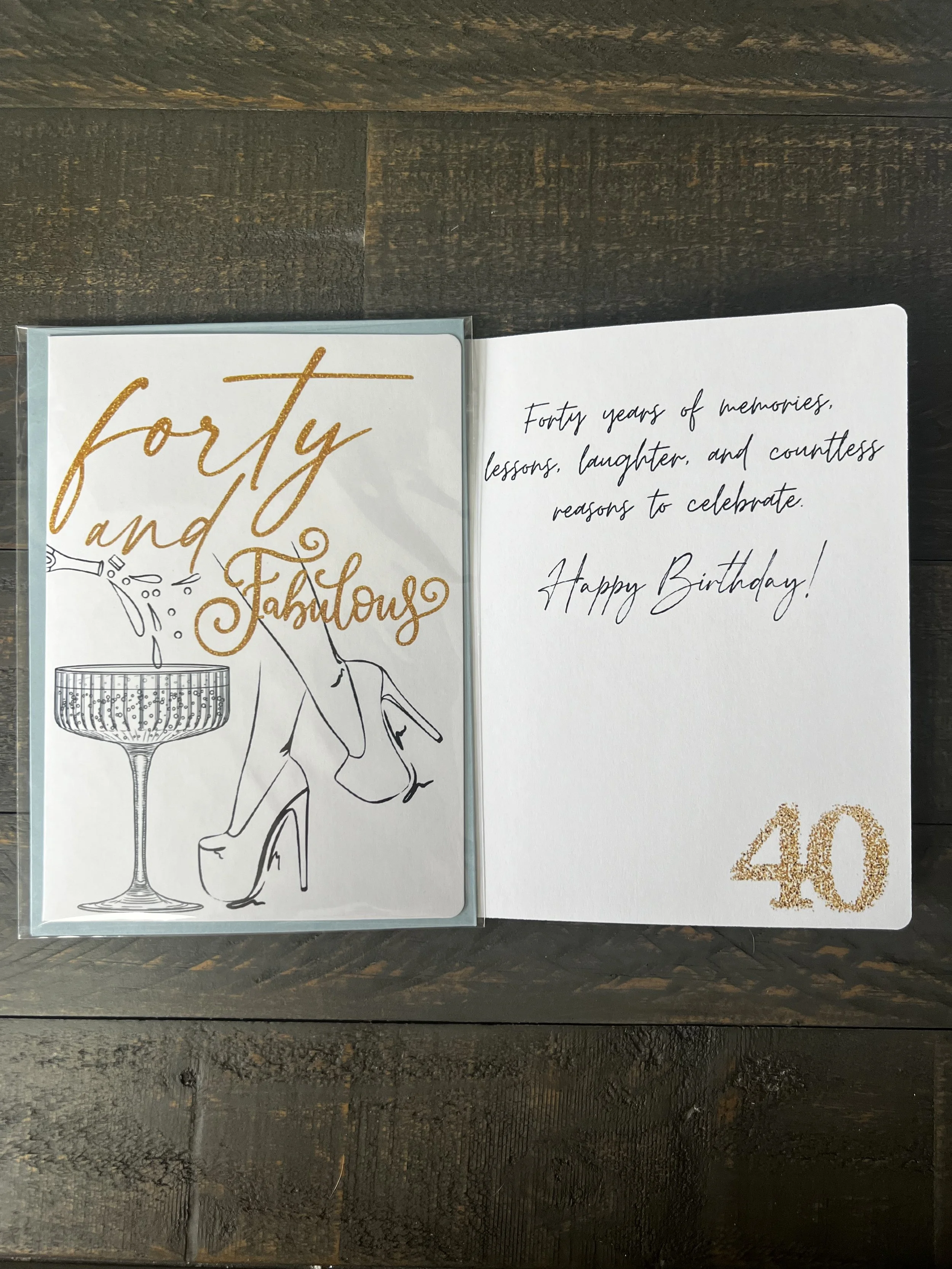 Forty & Fabulous heartfelt birthday card with coordinating soft blue envelope and gold wax seal style sticker.