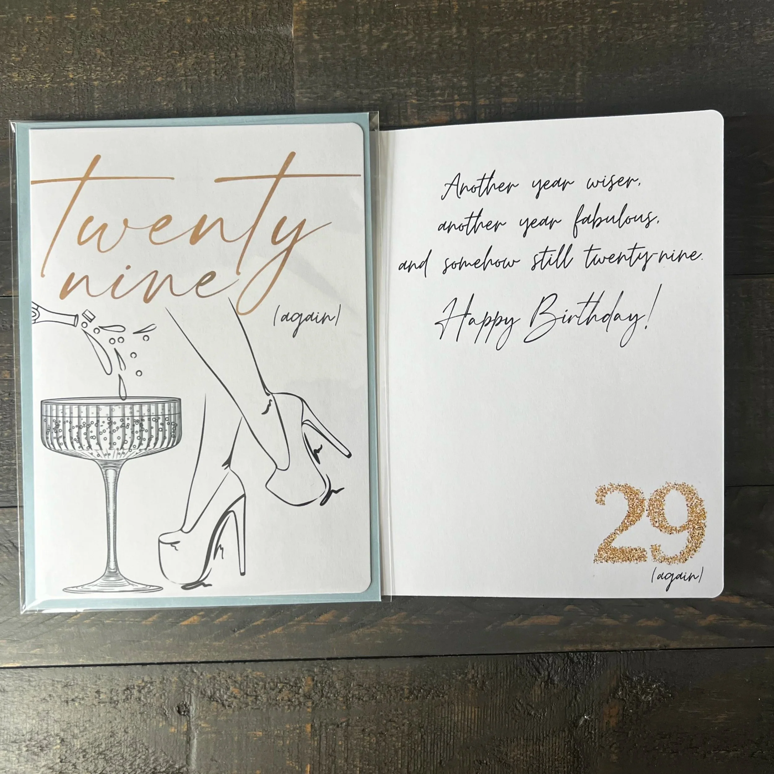 Front and inside of Twenty-Nine Again greeting card showing the Heartfelt birthday message.