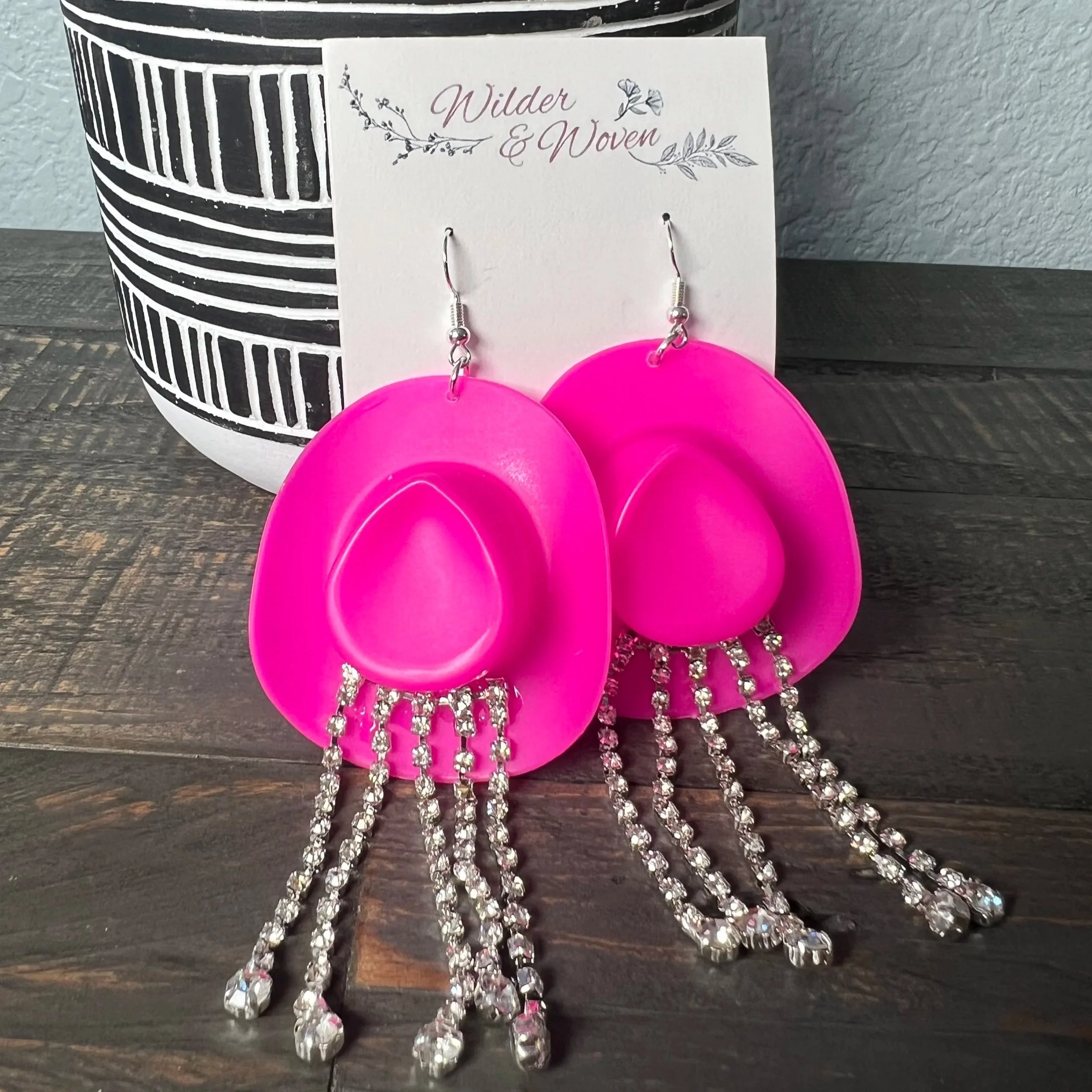 Pink Cowgirl Hat Rhinestone Dangle Earrings