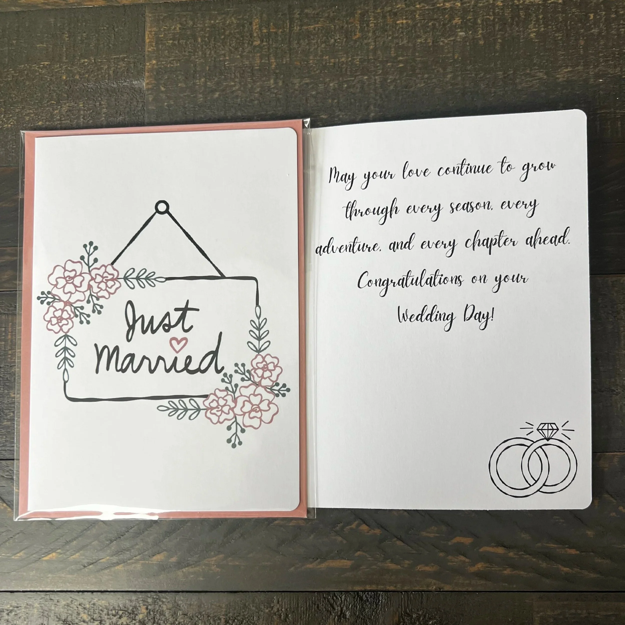 Front and inside of Just Married Wedding Card showing the wedding message.