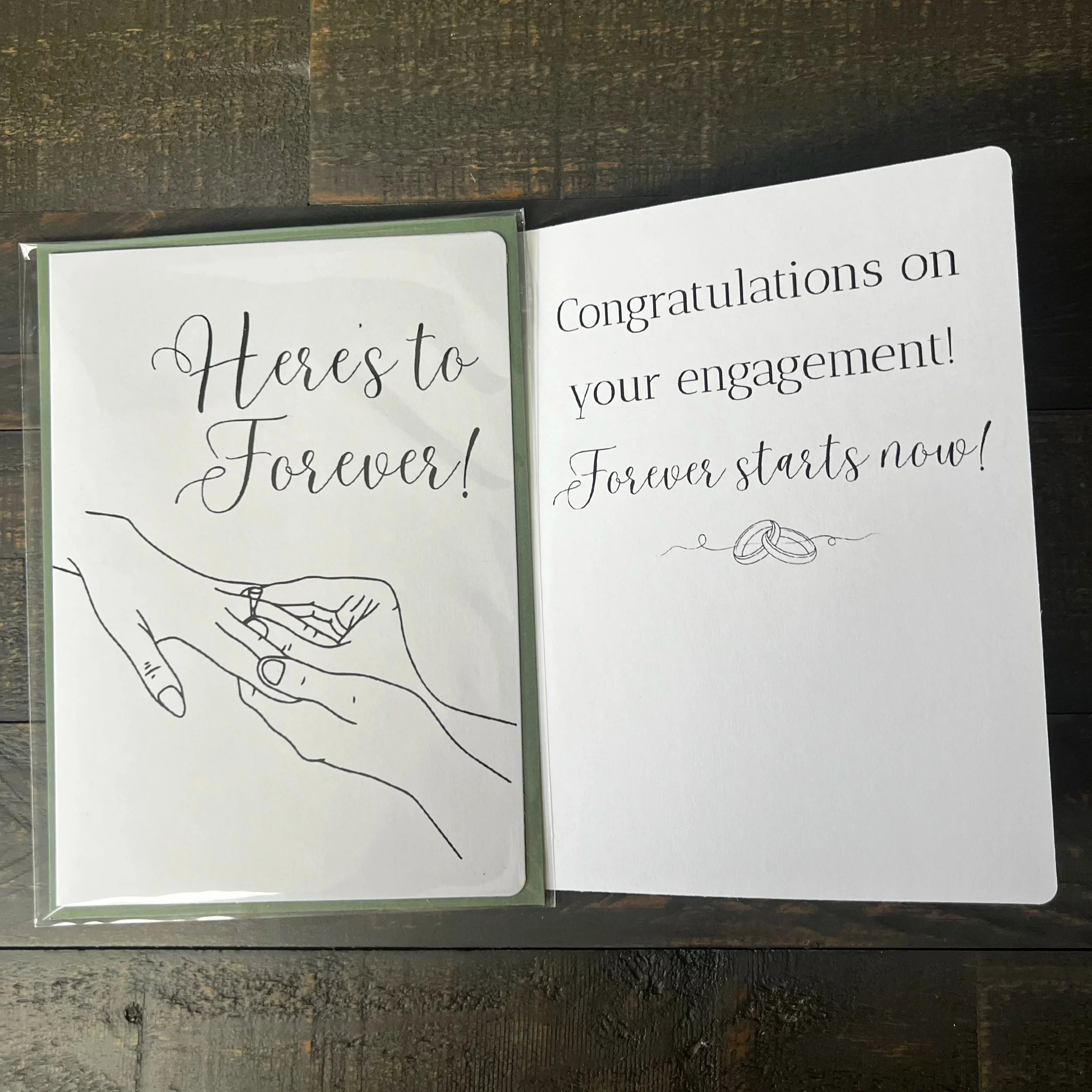Front and inside of Here's to Forever engagement card showing the engagement message.