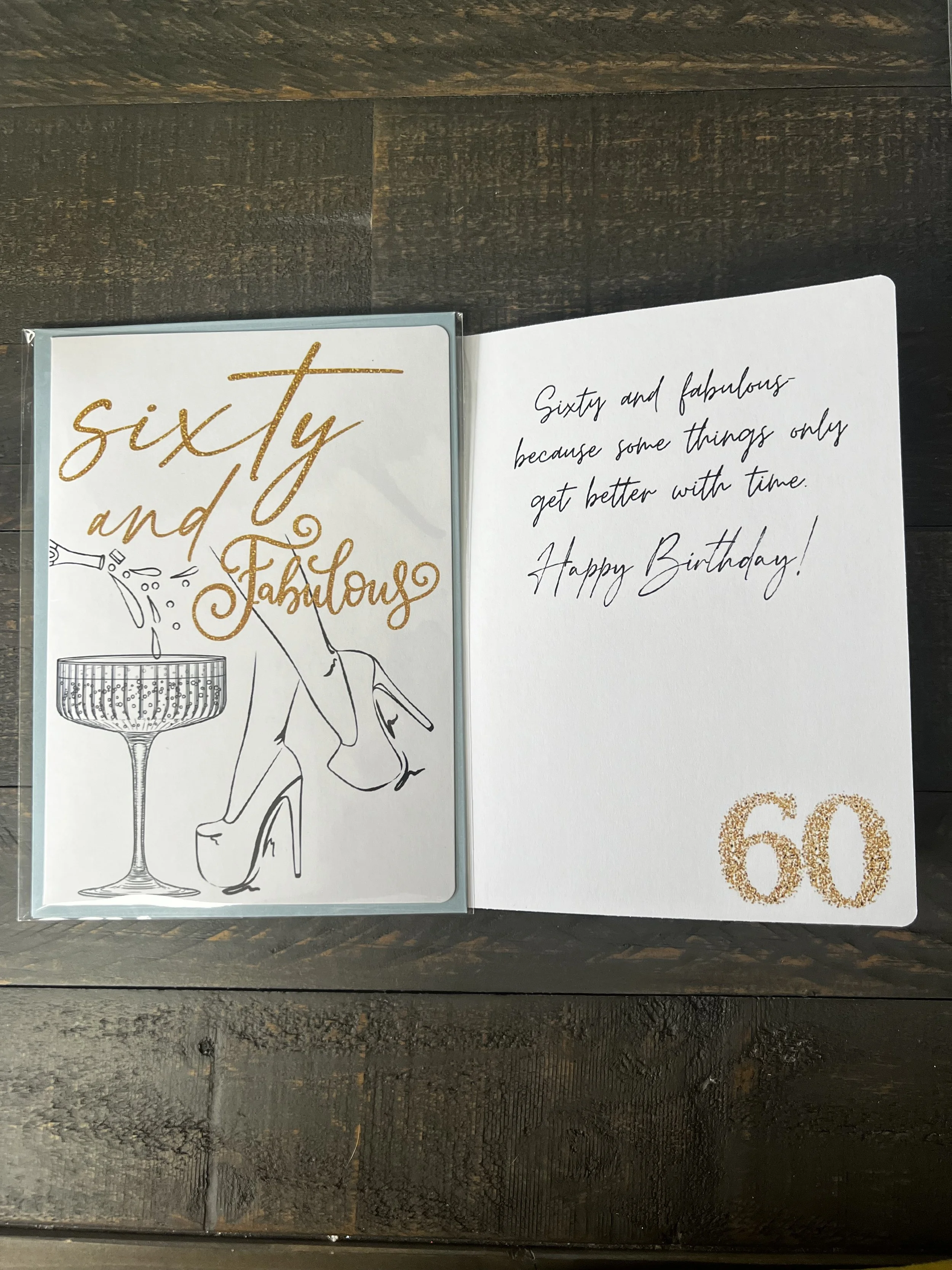 Front and inside of Sixty & Fabulous greeting card showing the Heartfelt birthday message.