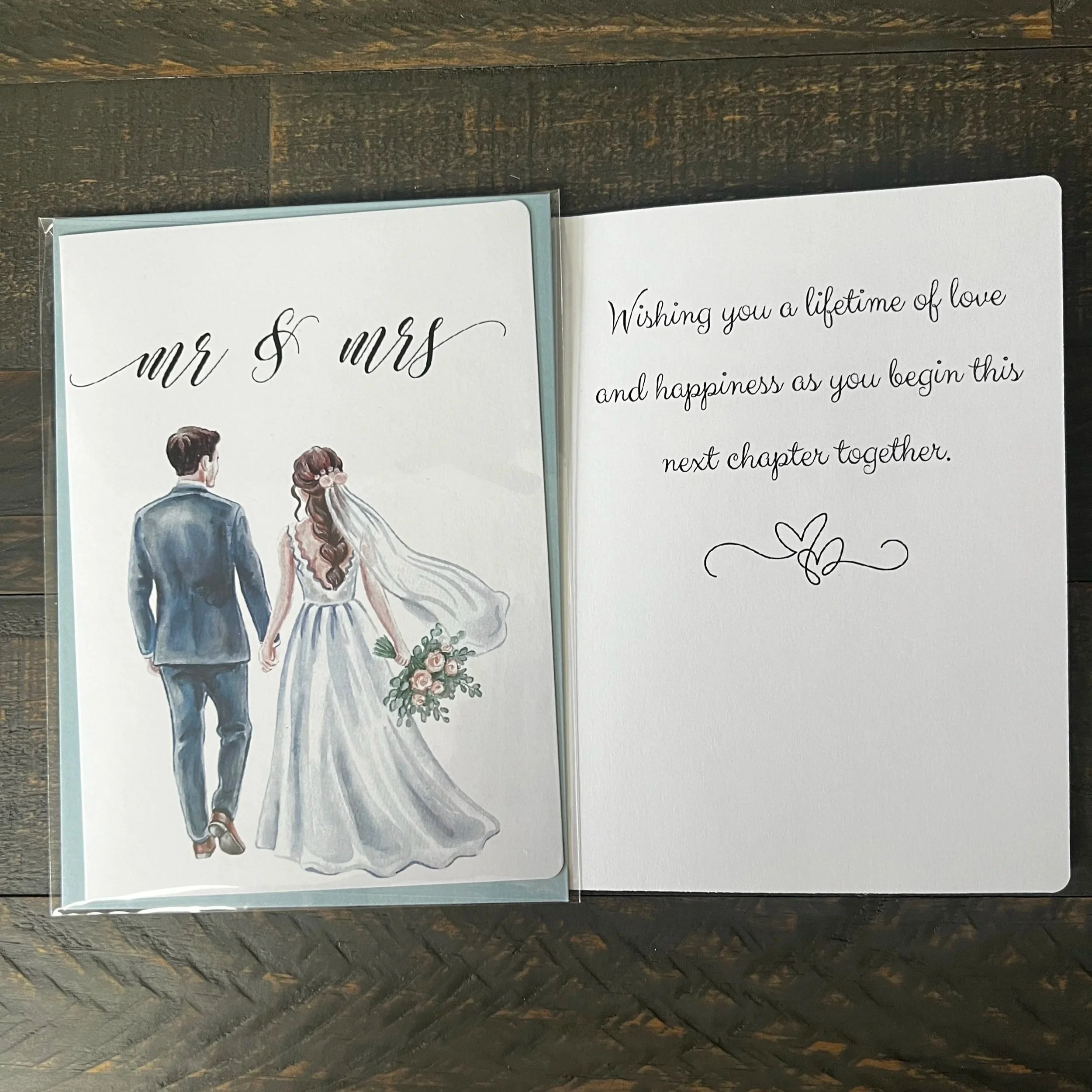 Front and inside of Mr. & Mrs. wedding greeting card with brunette bride showing the wedding message.