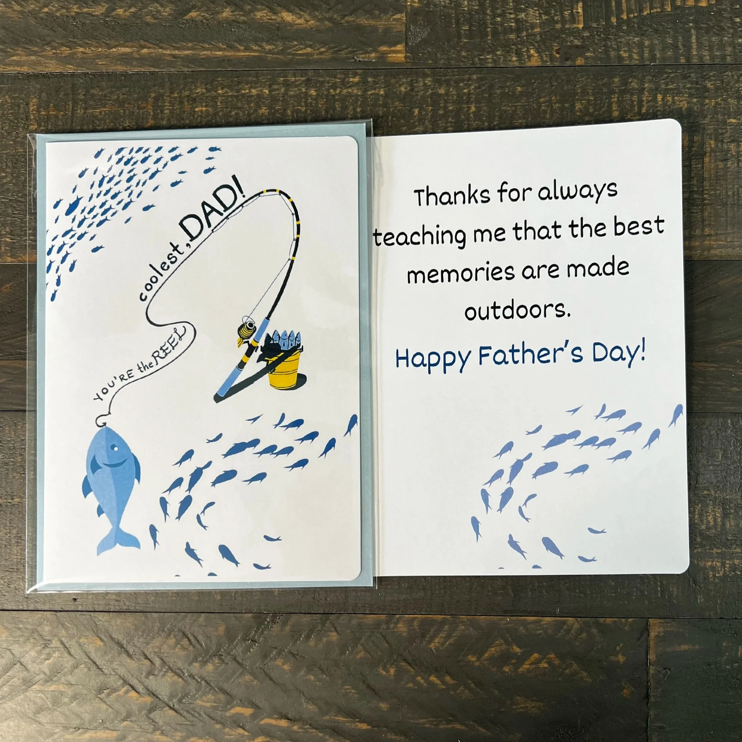 Fishing Father’s Day card displayed open with sentimental inside message about outdoor memories