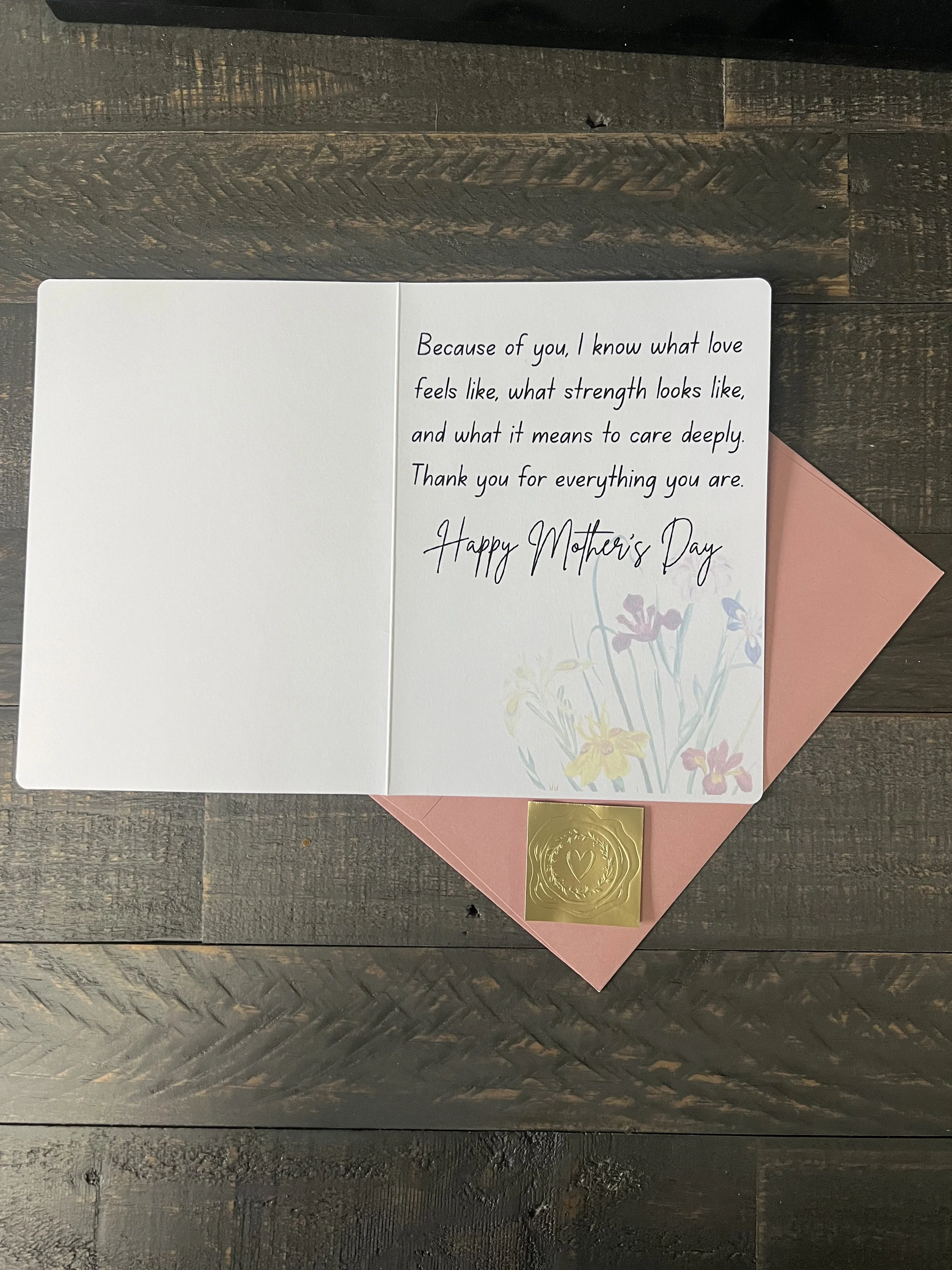 Inside of Mother’s Day card with heartfelt message and soft floral accents, displayed with blush envelope and gold wax seal sticker