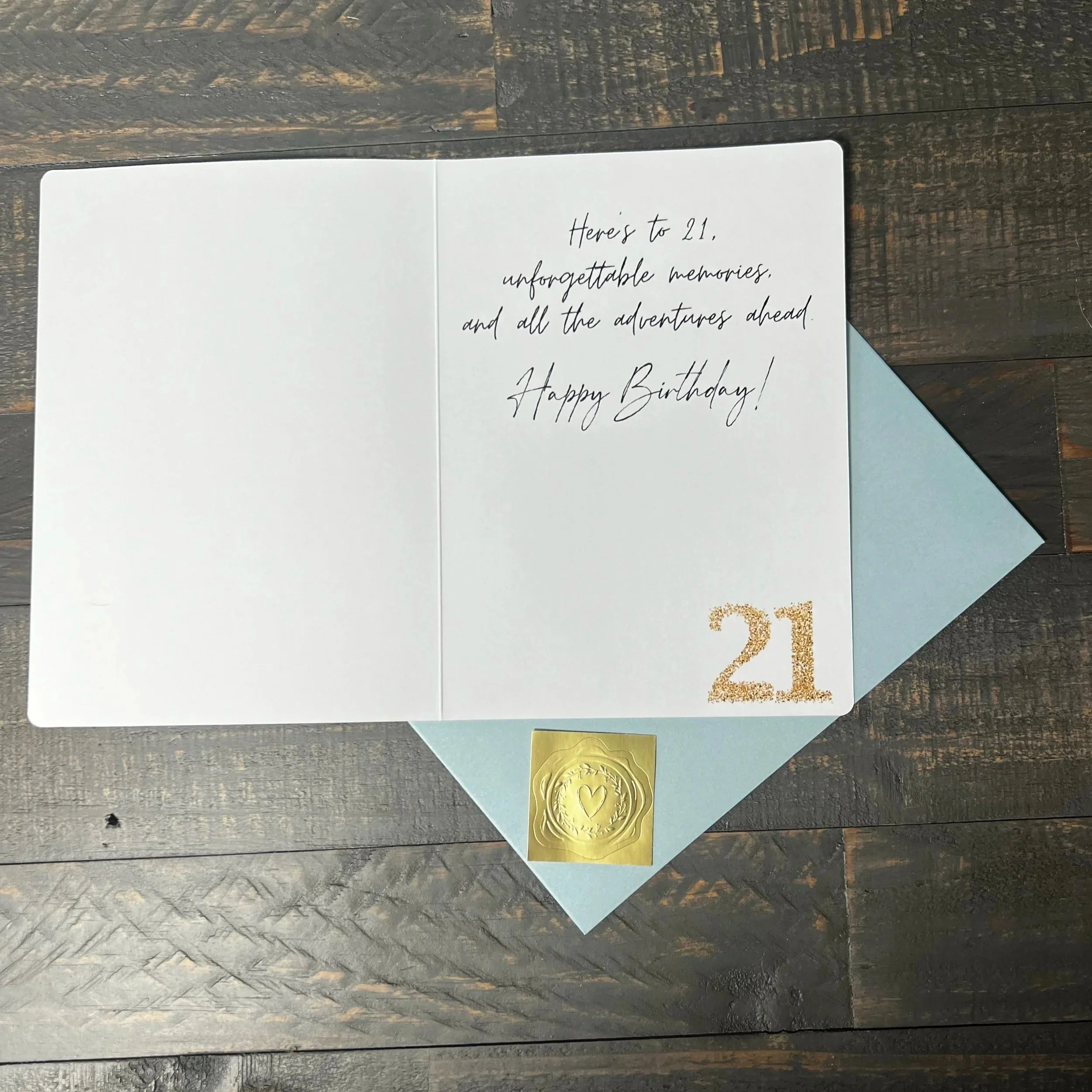 Open Twenty One birthday card with coordinating soft blue envelope.