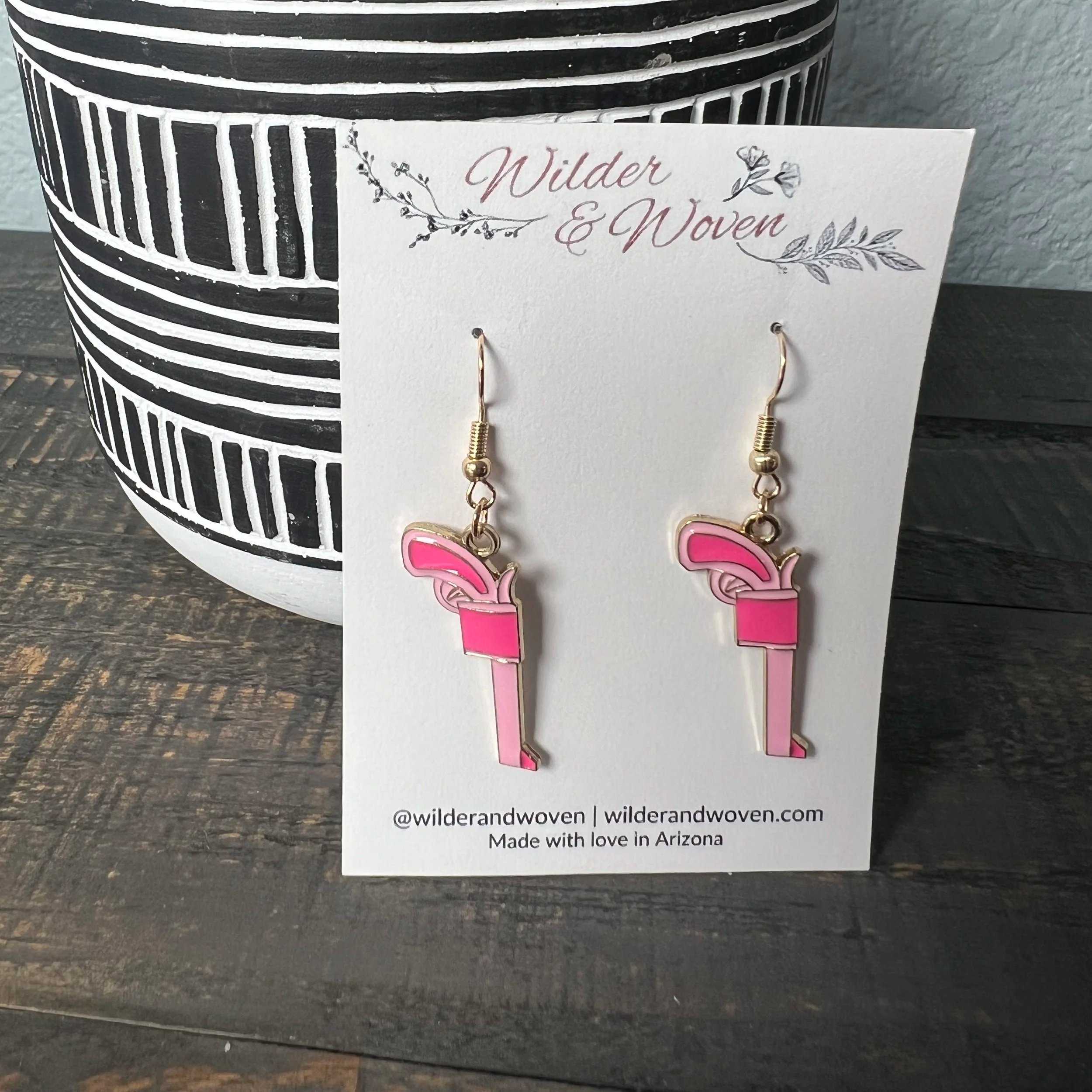 Pink Cowgirl Revolver Charm Earrings