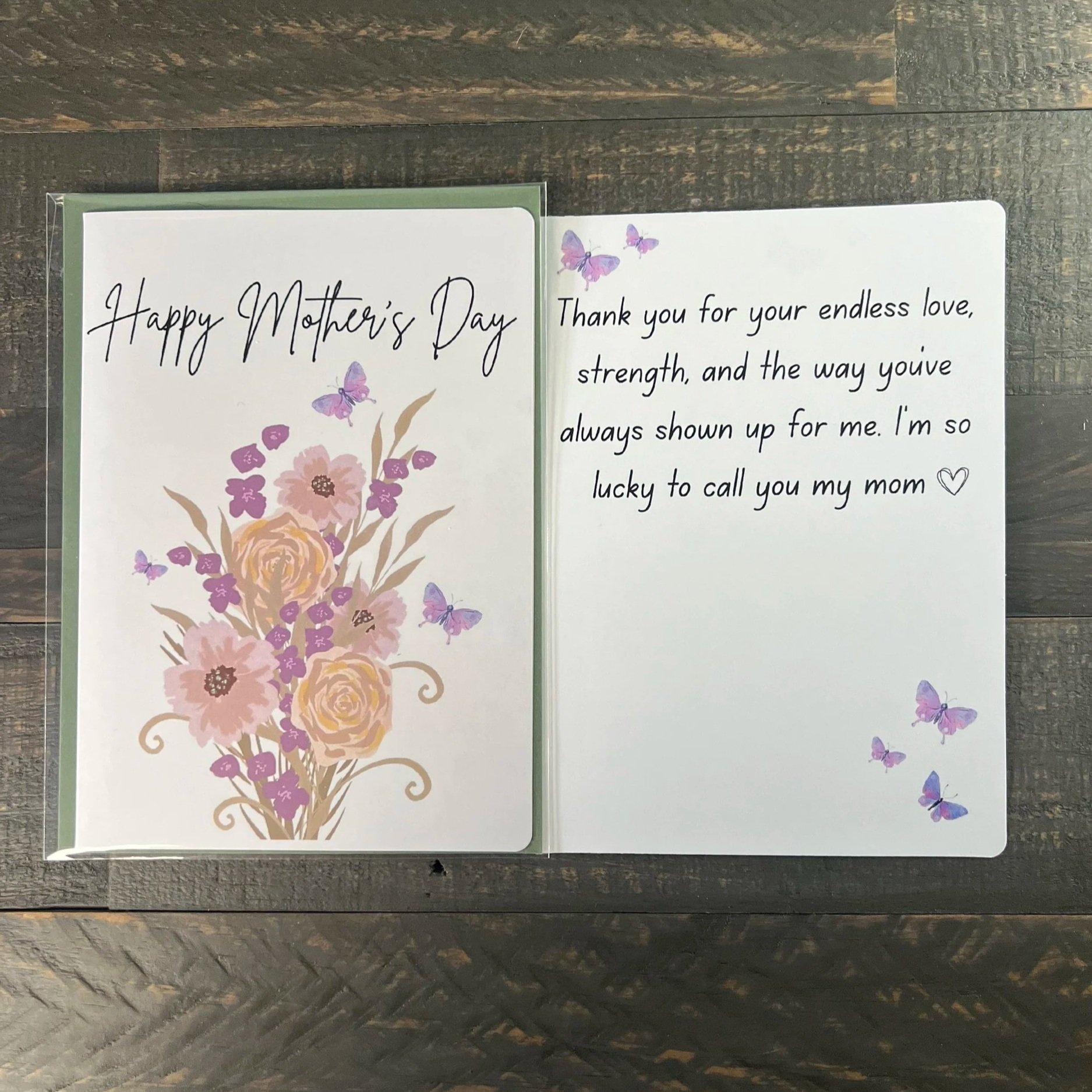Open Mother’s Day card showing floral bouquet front design and inside message expressing gratitude for a mother’s love and support