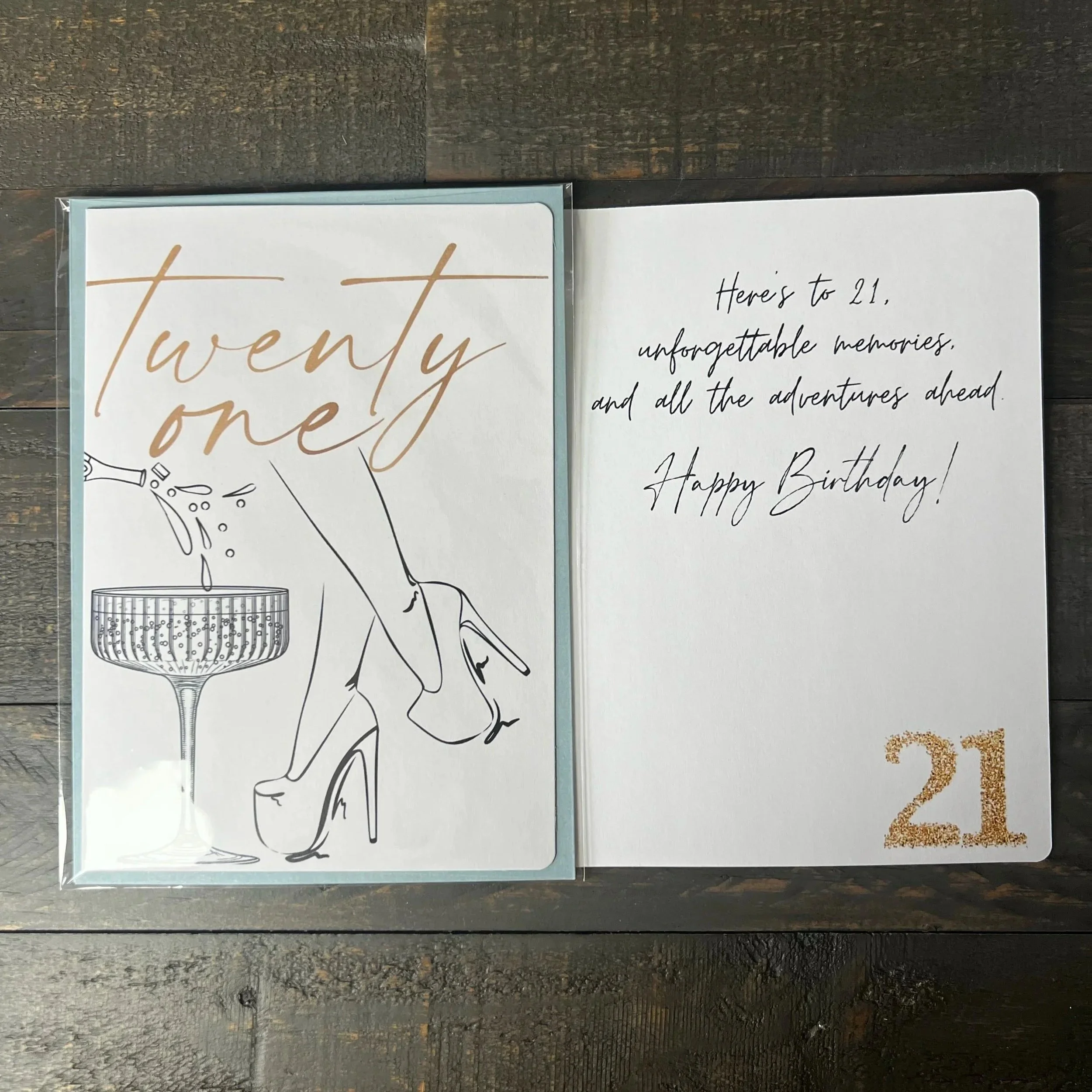 Inside of Twenty One birthday card with birthday message.