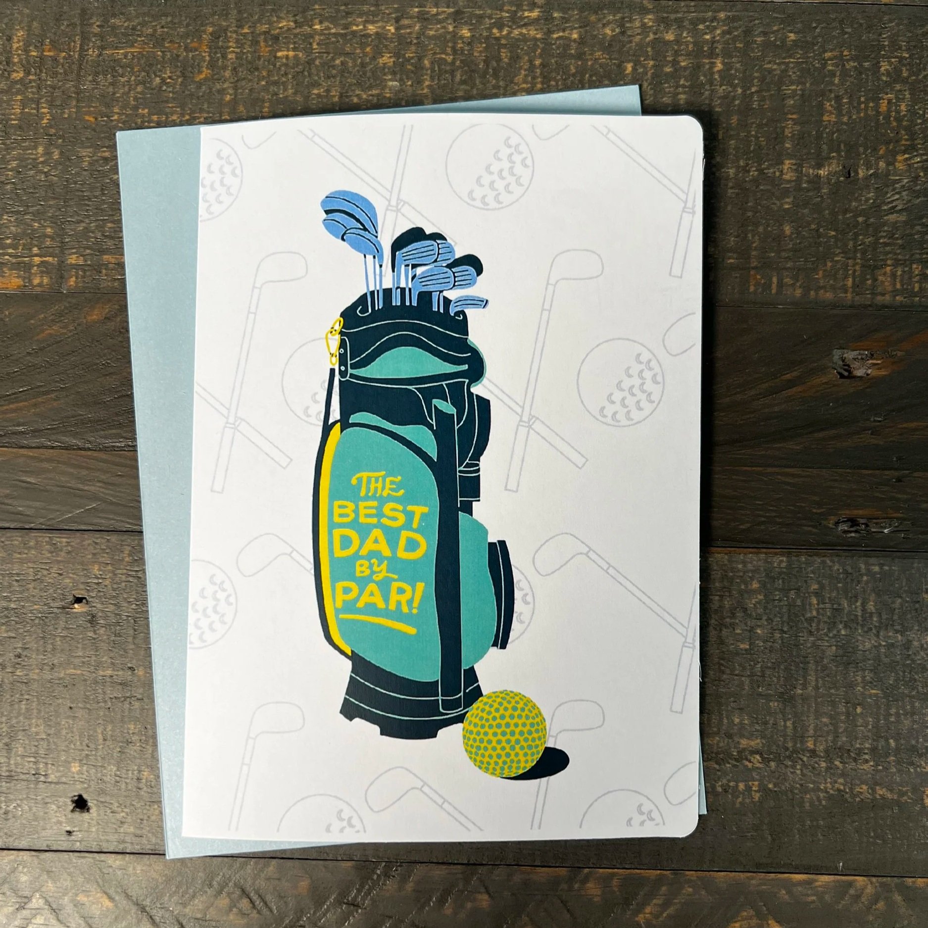 Golf-themed Father’s Day card with golf bag illustration and sporty accents on wood background