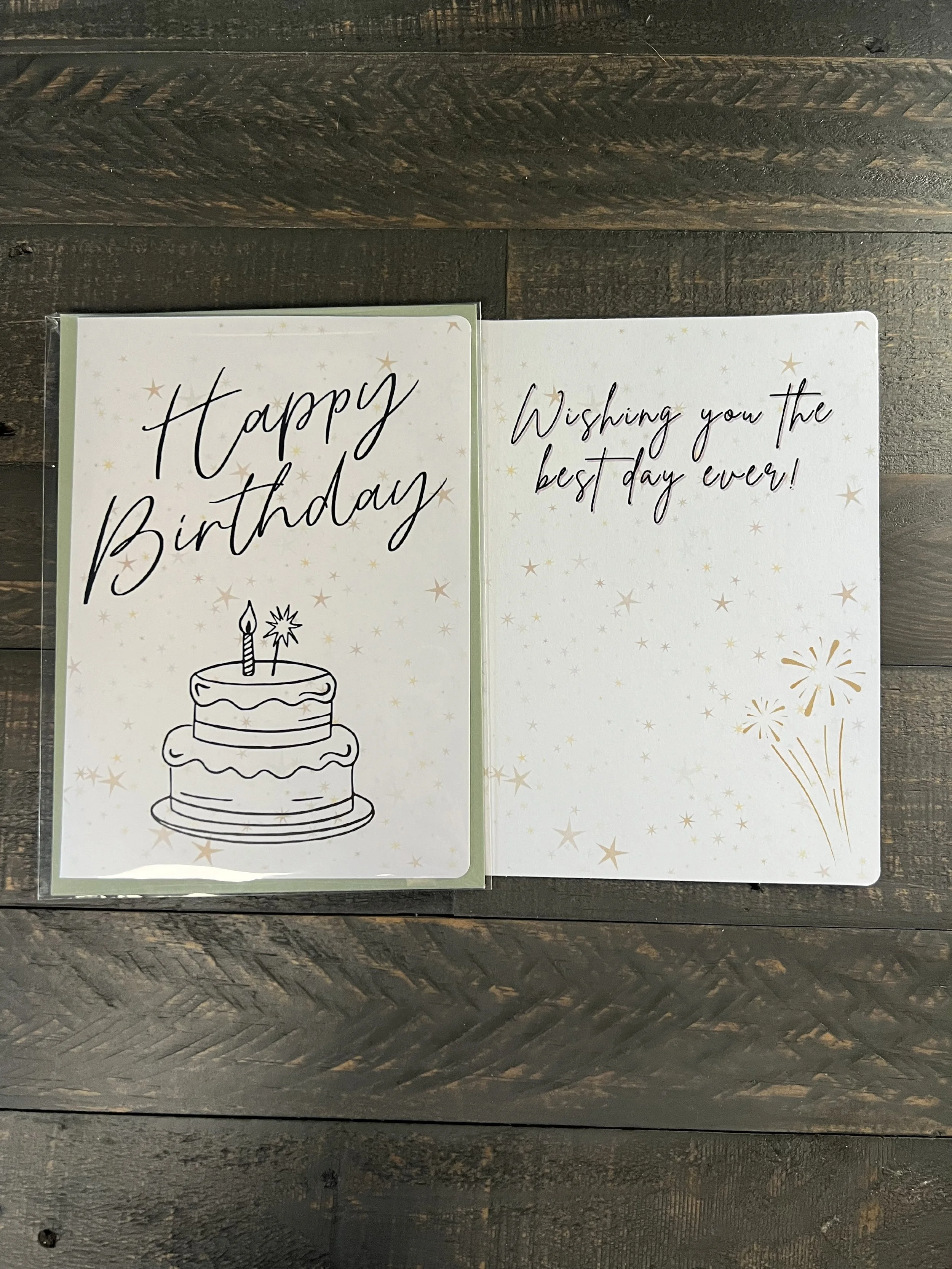 Open birthday card showing inside message “Wishing you the best day ever!” with cake design on front
