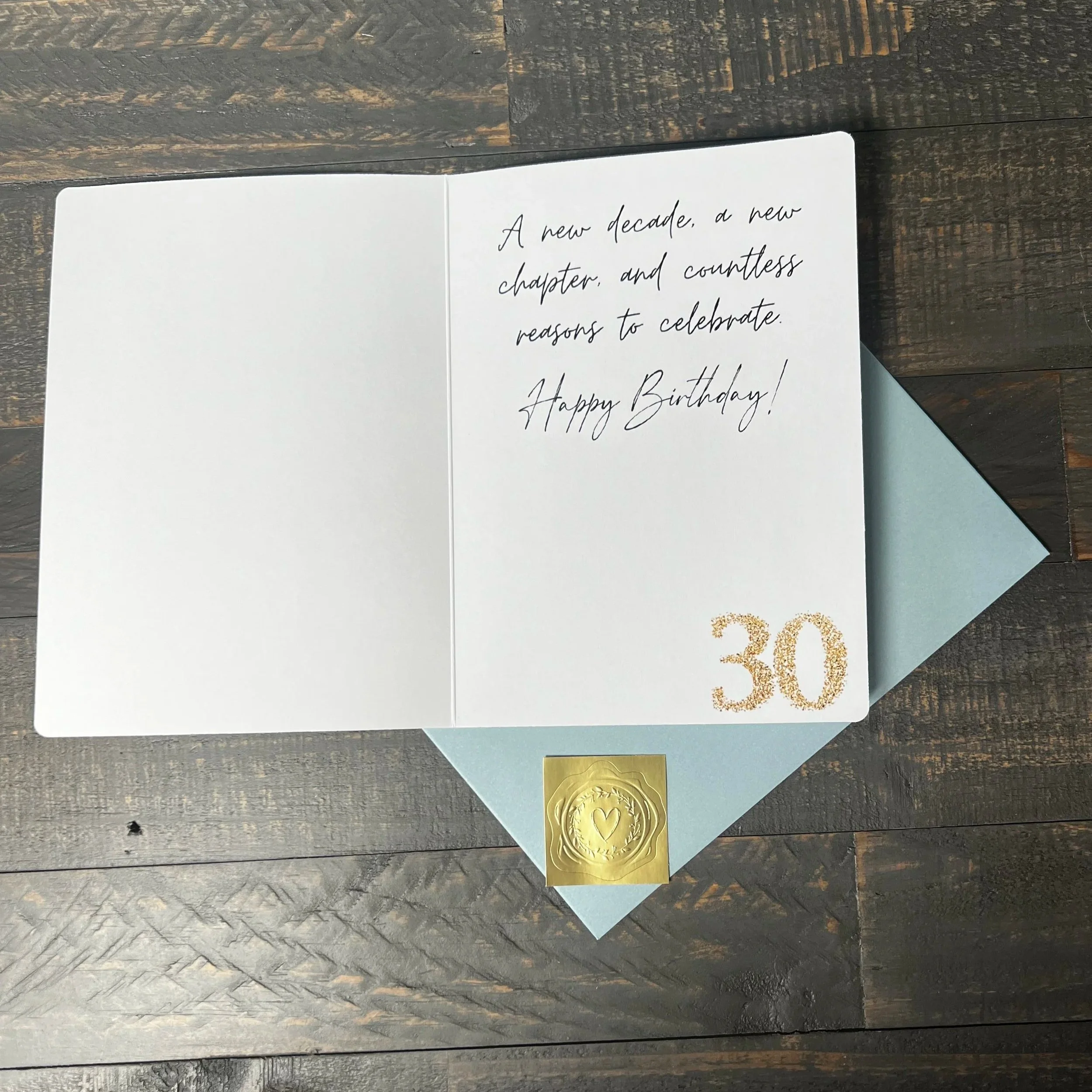 Open Thirty birthday card with coordinating soft blue envelope.