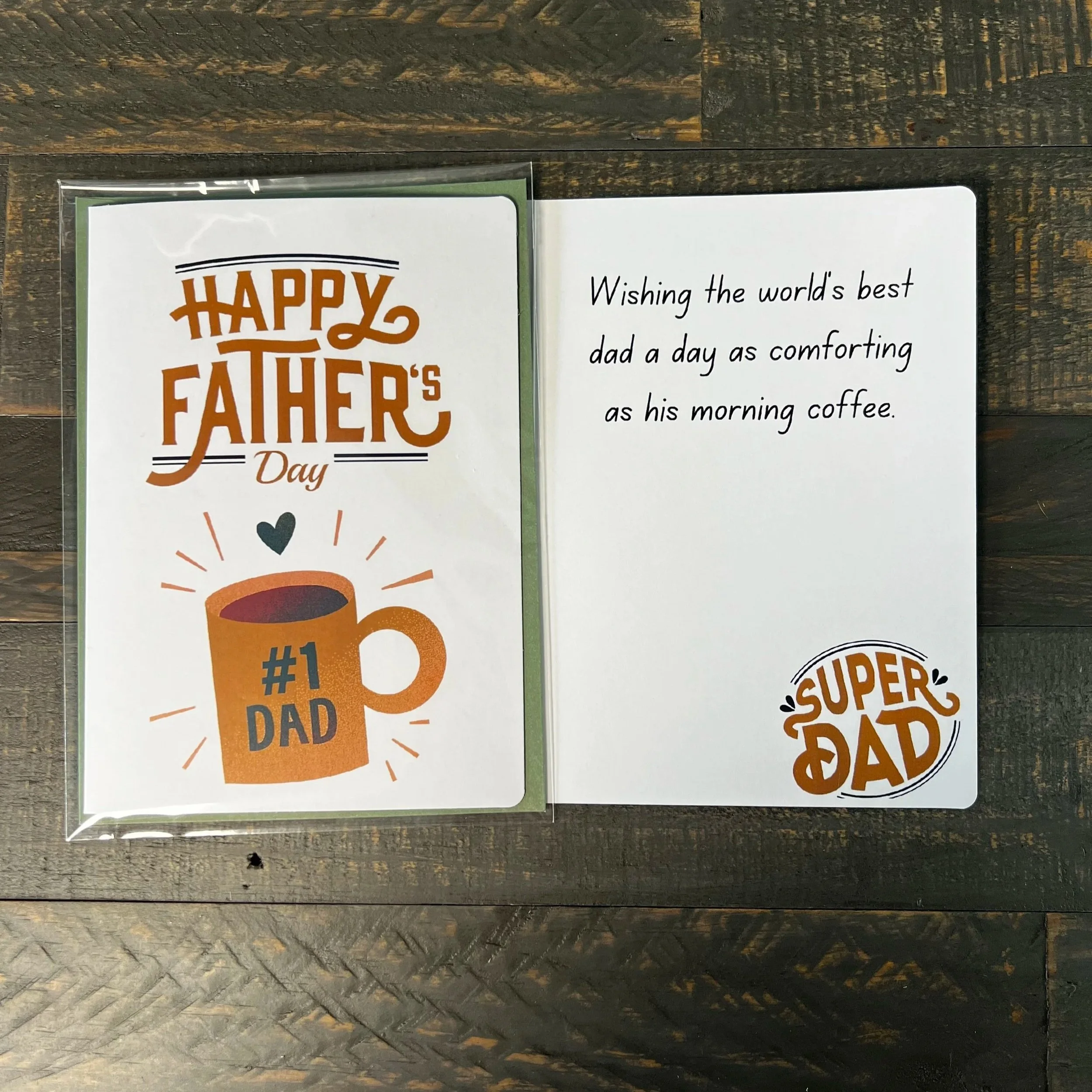 Inside message of Father’s Day card reading “Wishing the world’s best dad a day as comforting as his morning coffee”