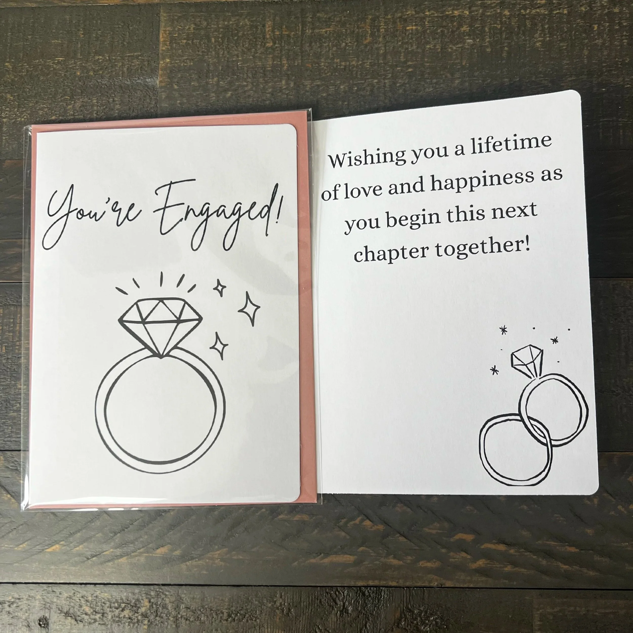 Front and inside of You're Engaged! greeting card showing the engagement message.