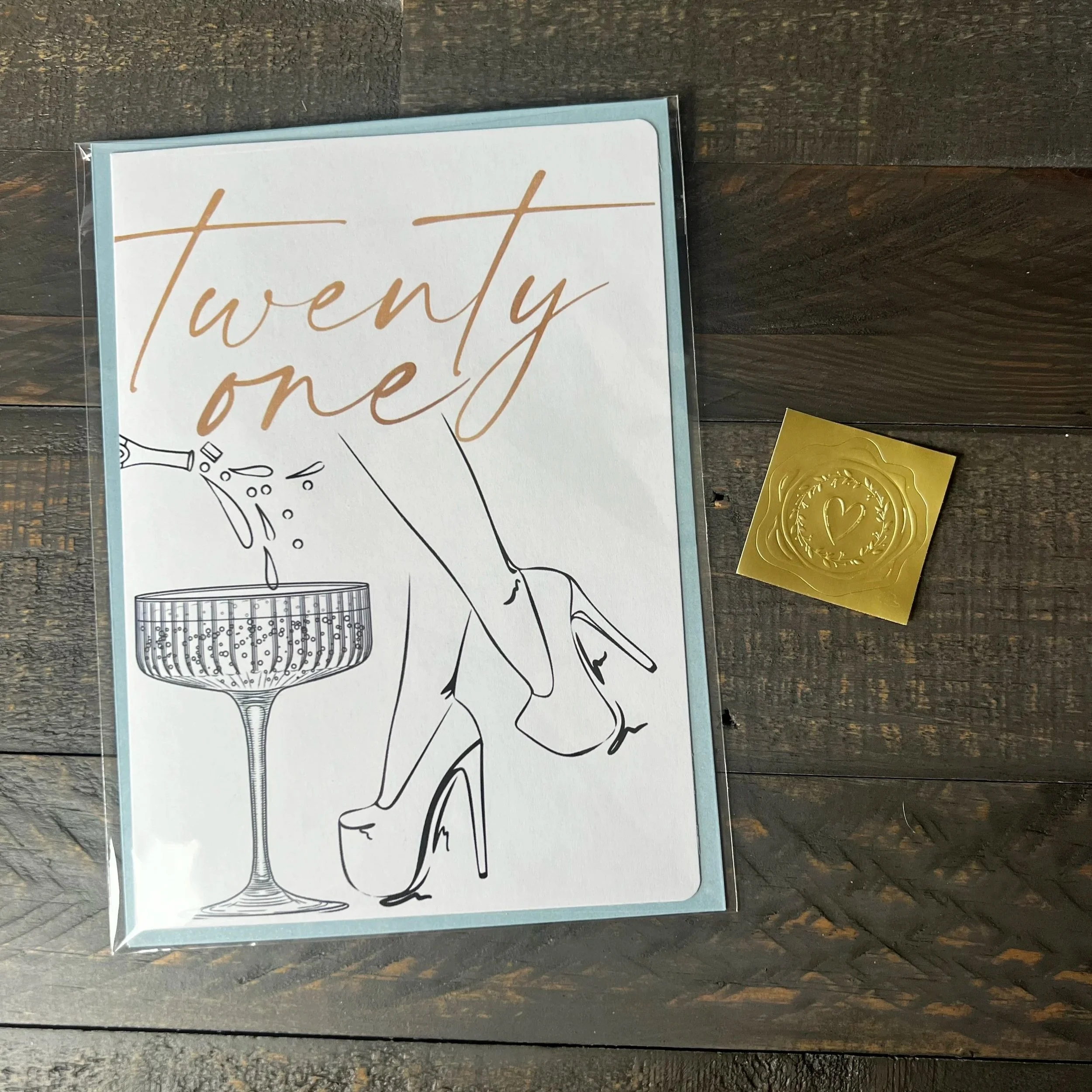 Twenty One birthday card with gold wax seal style sticker.