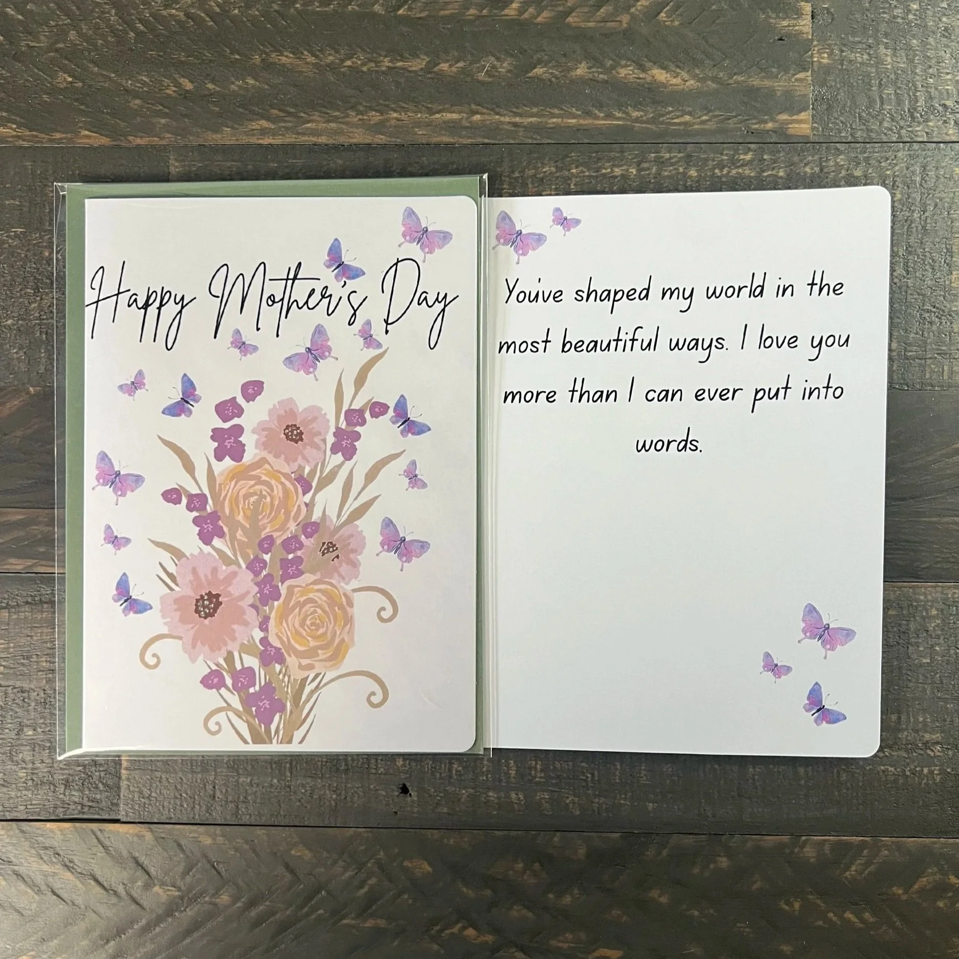 Open Mother’s Day card showing butterfly floral design and inside message about love and appreciation