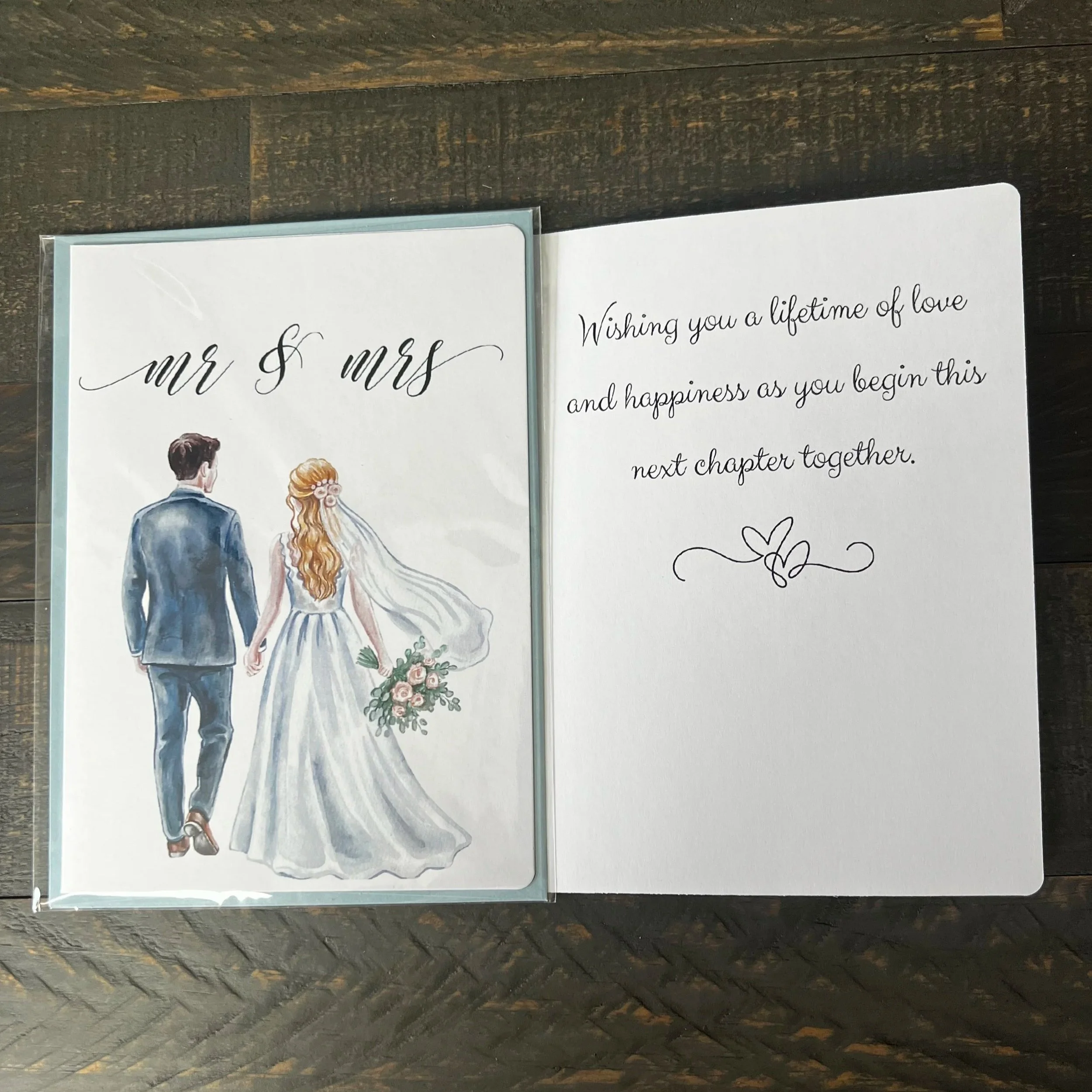 Front and inside of Mr. & Mrs. wedding greeting card with blonde bride showing the wedding message.