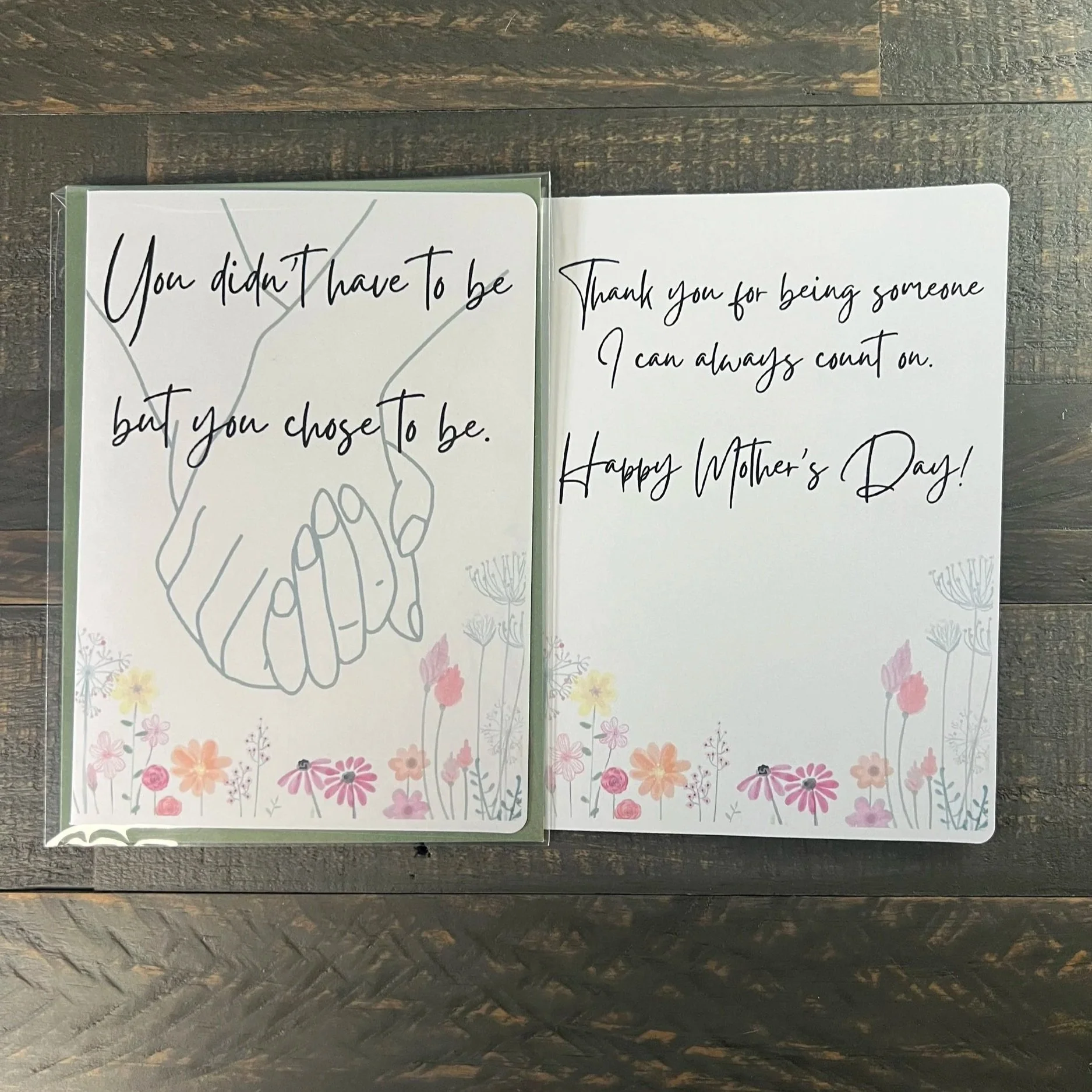 Open Mother’s Day card showing hand illustration and inside message thanking someone for being a constant source of support