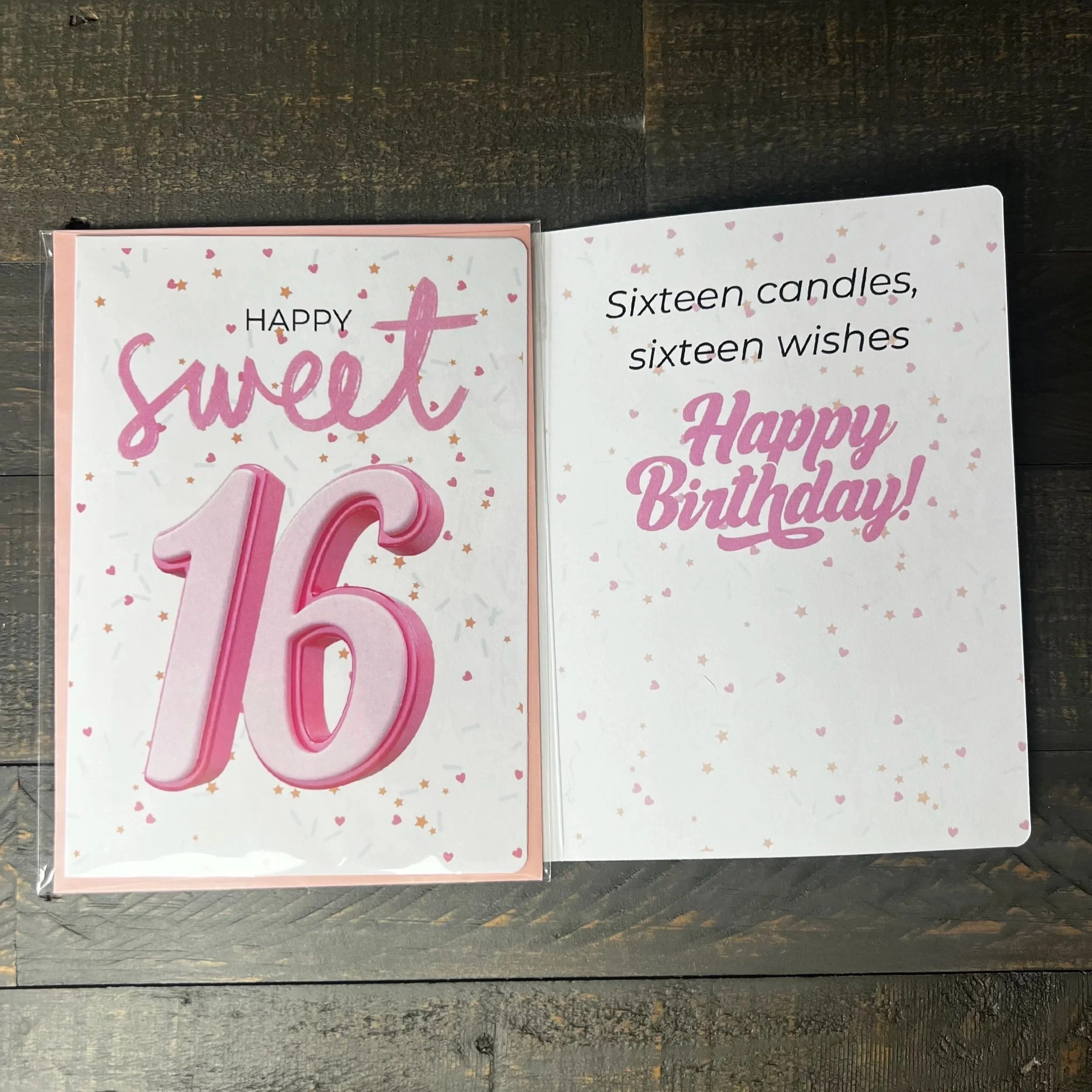 Front and inside of Sweet 16 greeting card showing the birthday message.