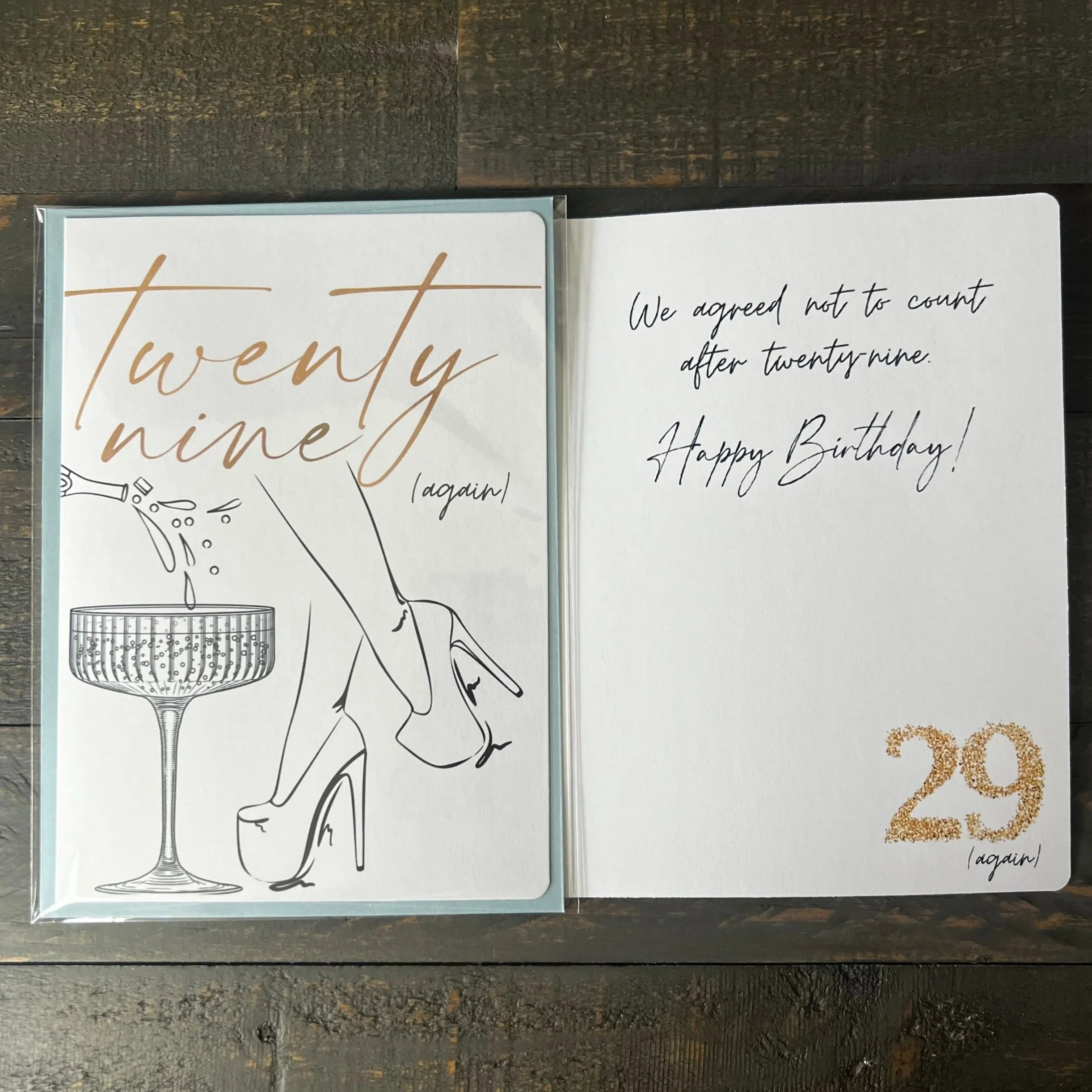 Front and inside of Twenty-Nine Again greeting card showing the Funny birthday message.