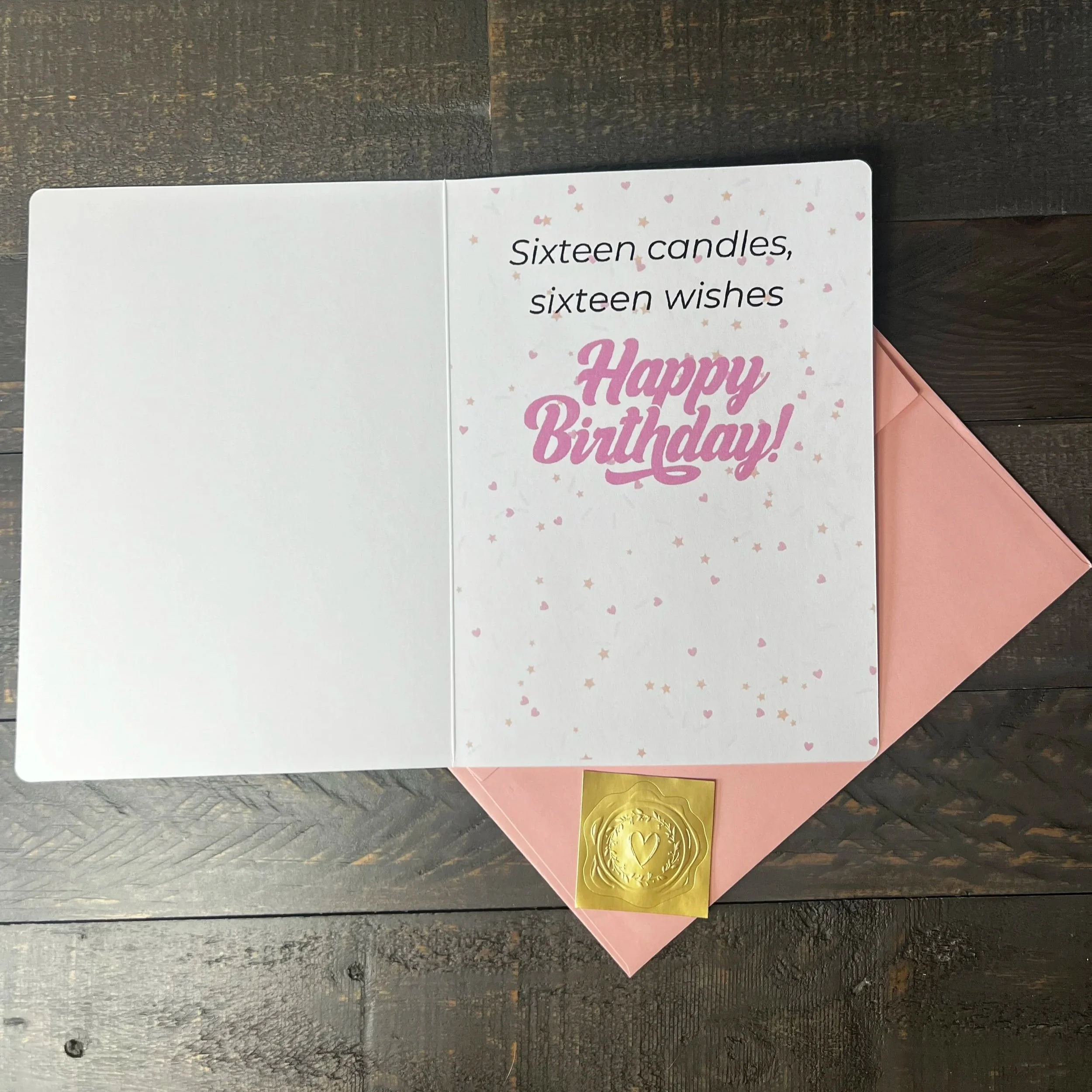 Open Sweet 16 greeting card with coordinating pink envelope and gold wax seal style sticker.