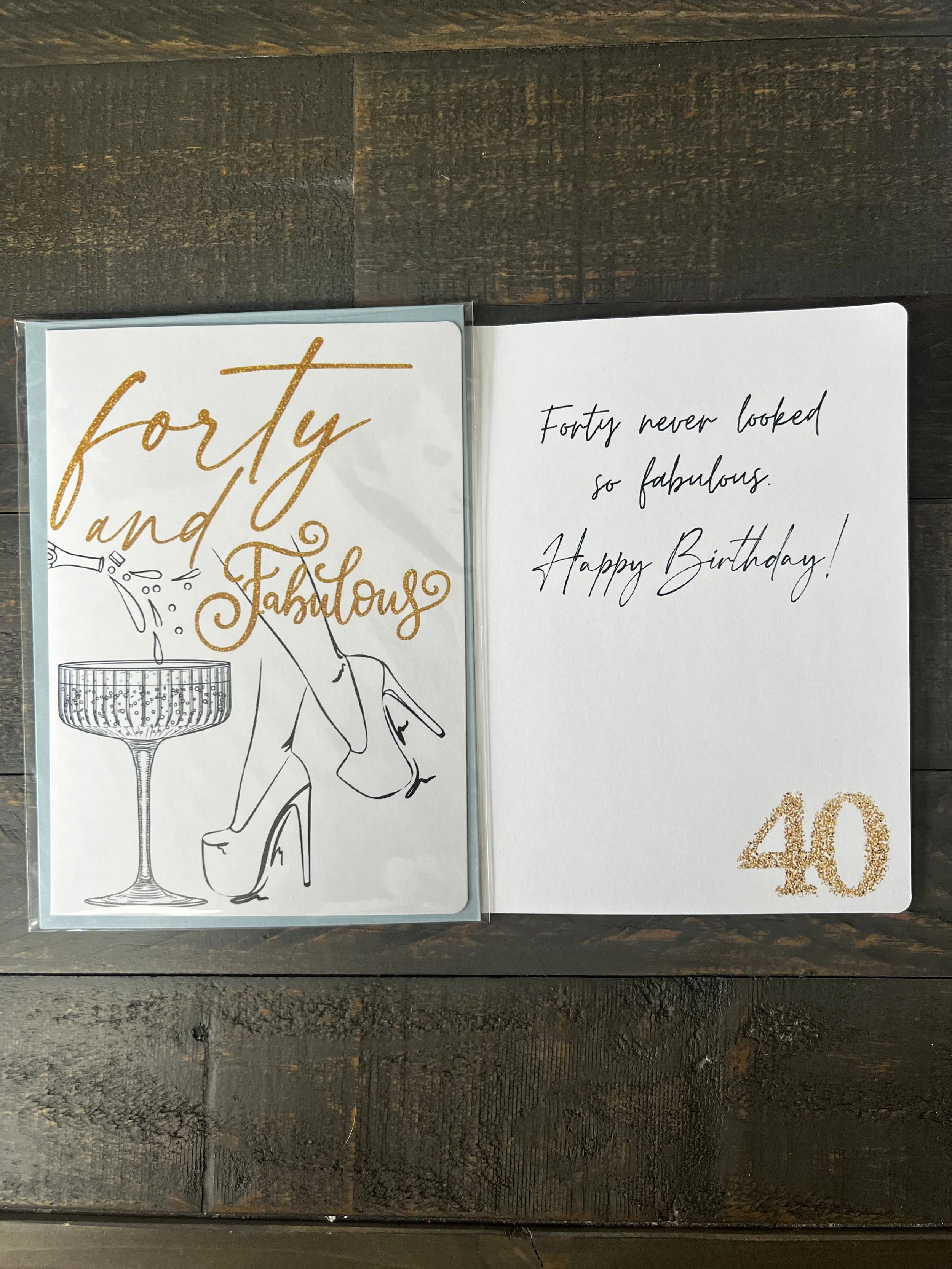Forty & Fabulous classic birthday card with coordinating soft blue envelope and gold wax seal style sticker.
