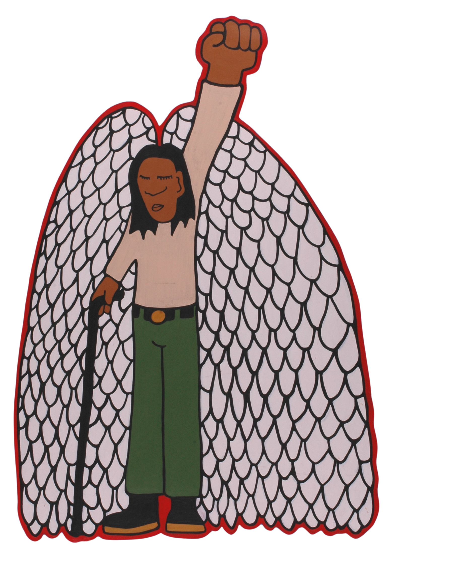 Drawing of a person with angel wings, raising their fist, holding a cane, with closed eyes and a peaceful expression.