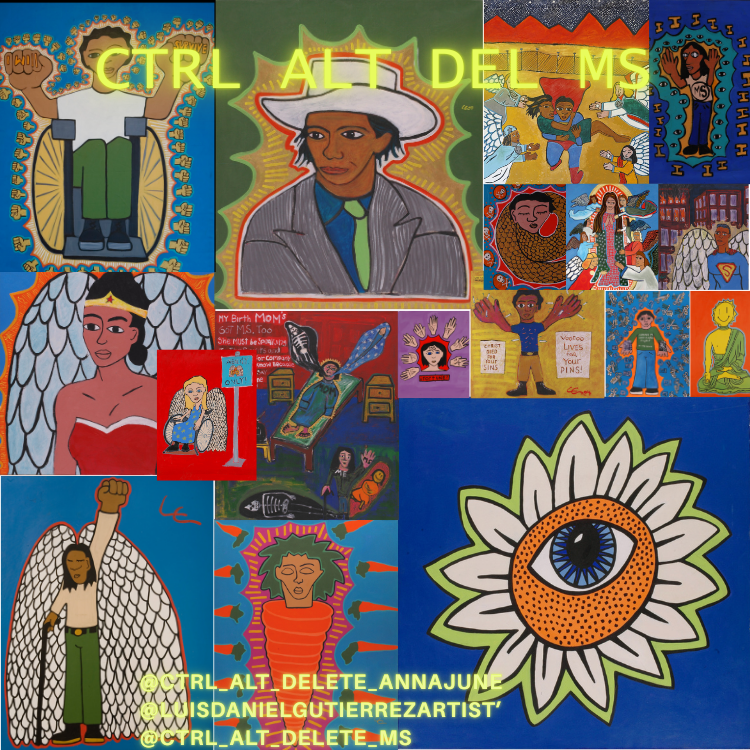 Collage of colorful artwork featuring diverse figures, including an angel with wings, a woman with a halo, a woman with an eye in a sunflower, and other abstract and vibrant illustrations.