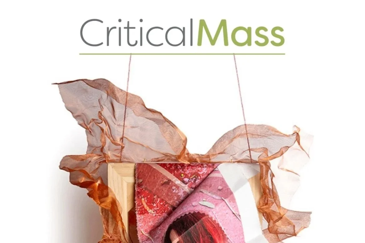 Decorative art piece with a sign that says 'CriticalMass' with crumpled paper and fabric elements