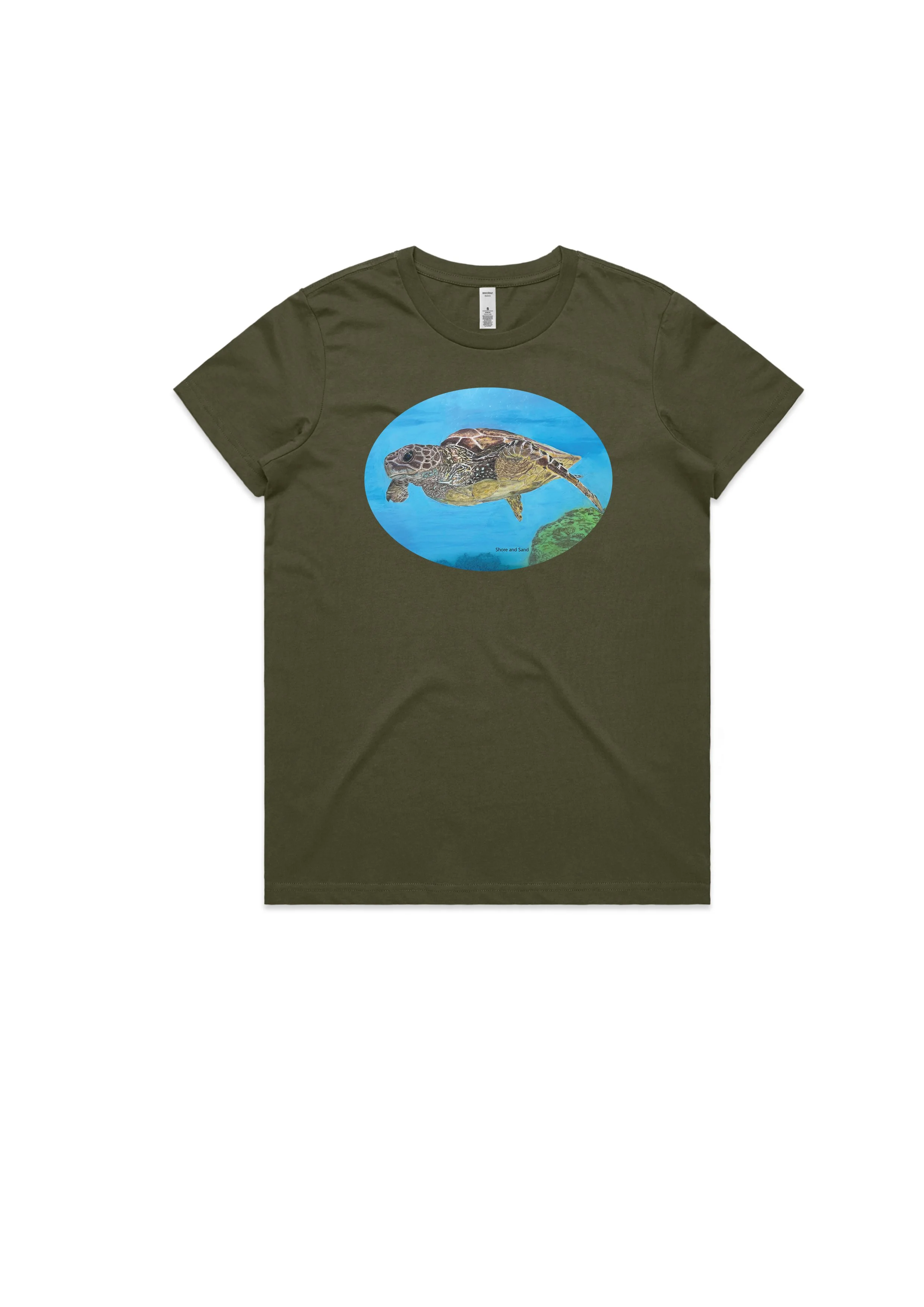 Coloured Pencil Turtle Tee on Army Green - Small