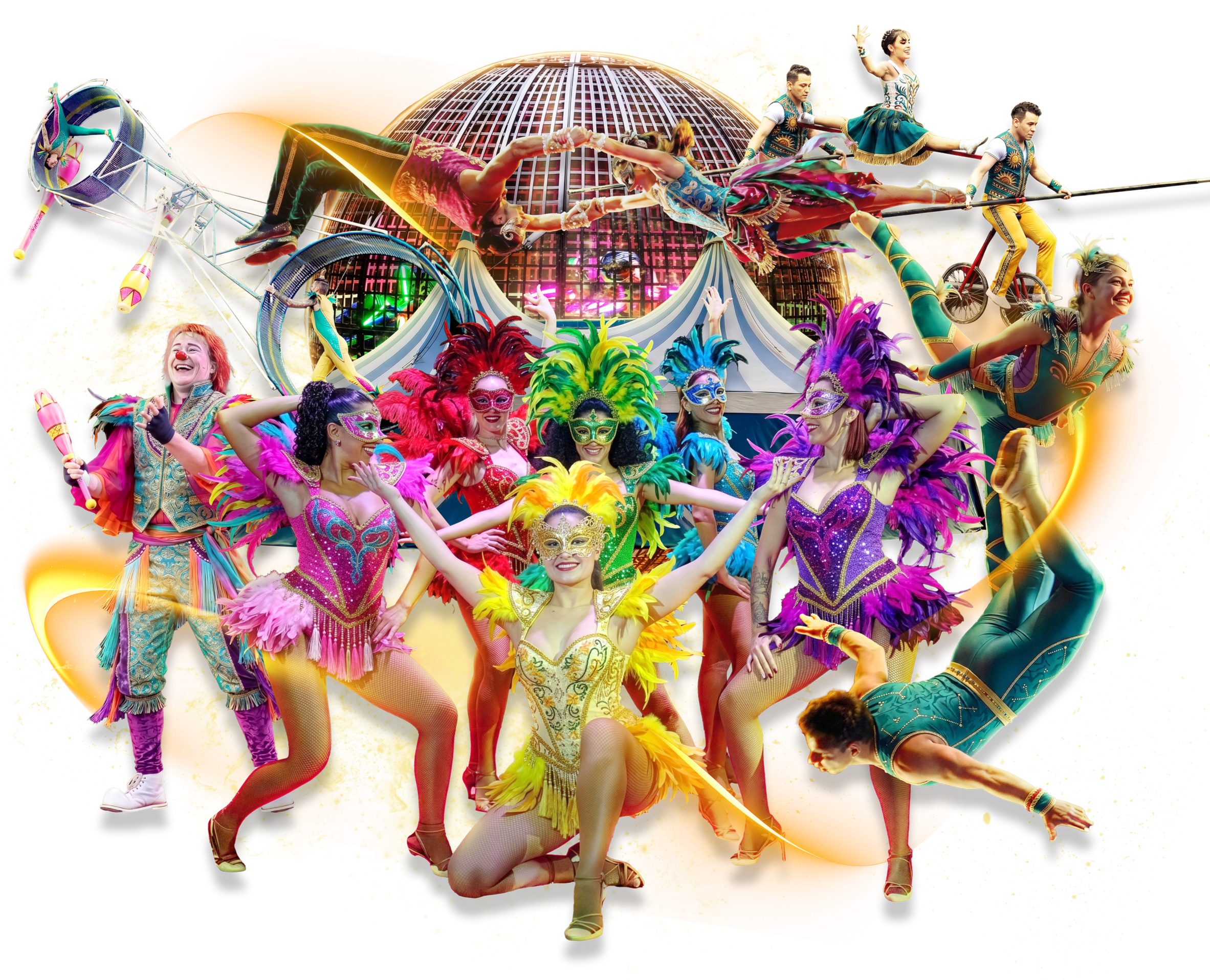 Colorful circus scene with performers in costumes, balancing on a tightrope, acrobats, and a Ferris wheel background.