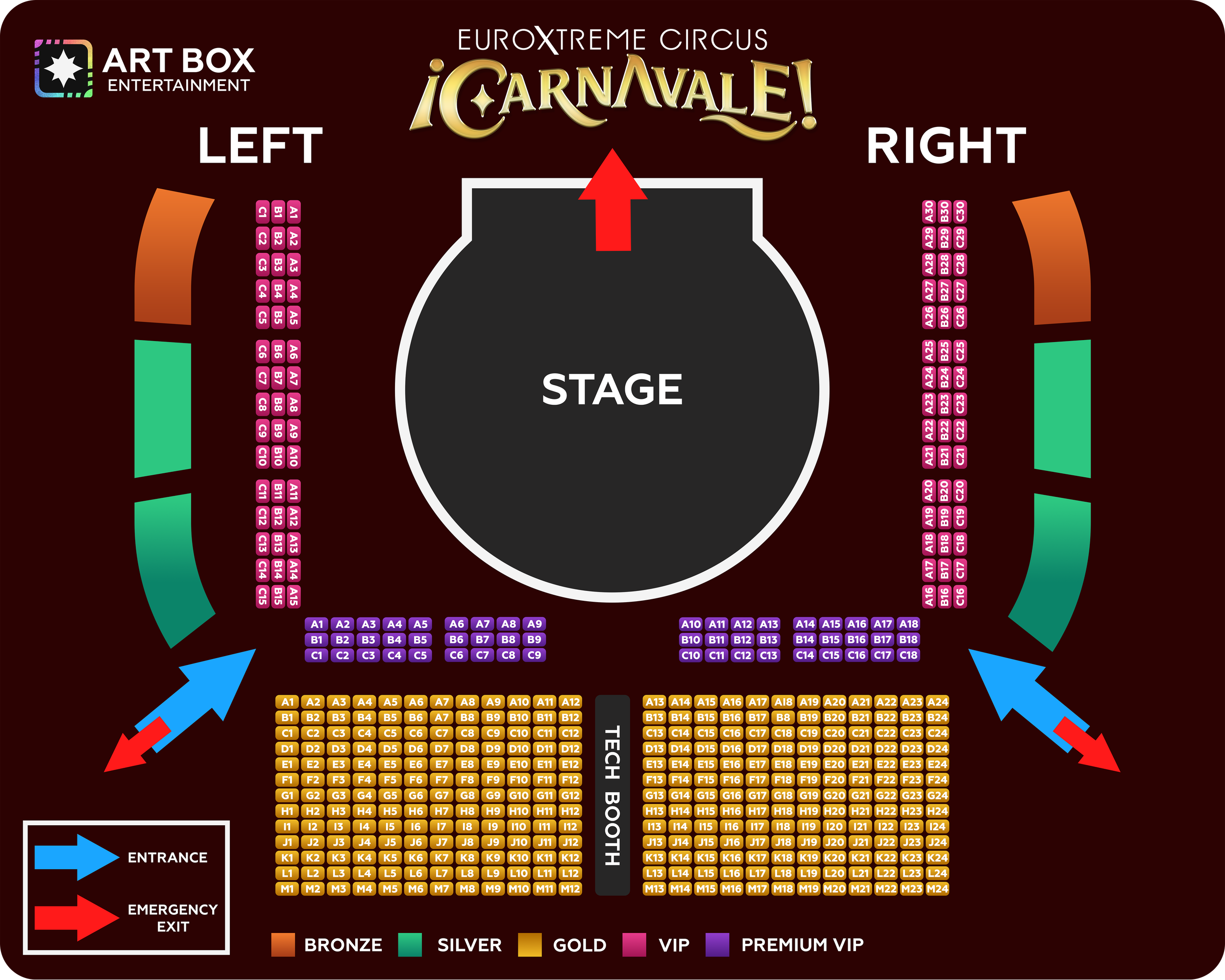 Floor plan of the Euroxtreme Circus event with sections labeled for left, right, tech booth, backstage, entrance, emergency exit, and seating categories in bronze, silver, gold, VIP, and premium VIP; stage at the center with colored seating sections and directional arrows.
