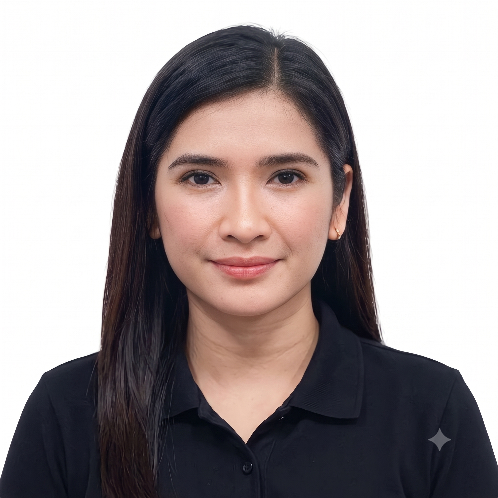 A woman with long dark hair wearing pearl earrings and a black collared shirt, smiling against a white background.
