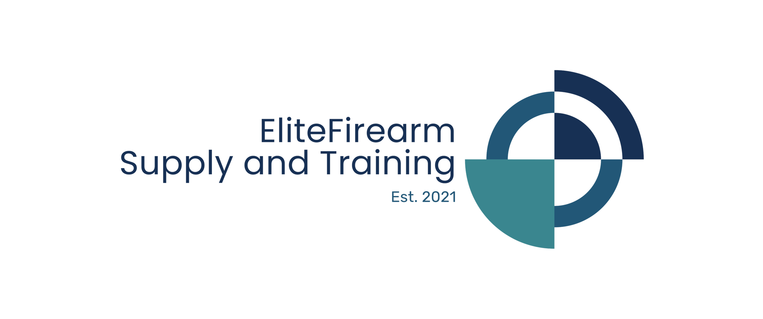 Logo for EliteFirearm Supply and Training, established 2021, featuring four quadrants forming a circular design in dark blue and teal.
