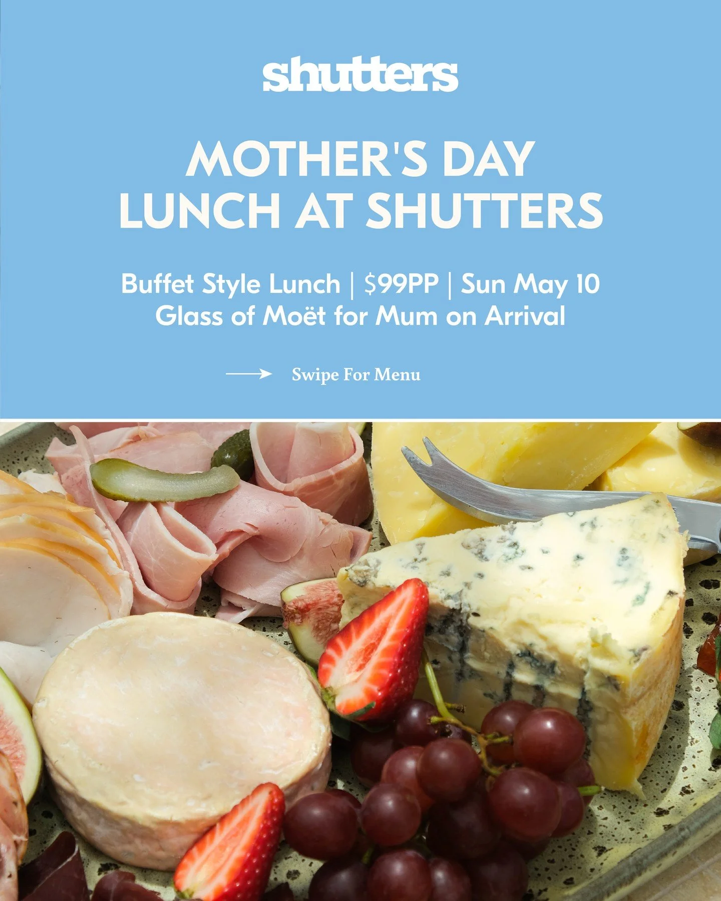 Celebrate Mum by the sea this Mother&rsquo;s Day at Shutters. Join us from 12pm for a generous buffet lunch filled with fresh seafood, carved meats, artisan cheese and desserts, with a complimentary glass of Mo&euml;t for Mum on arrival.⁠ 🥂 💙⁠
⁠
- 
