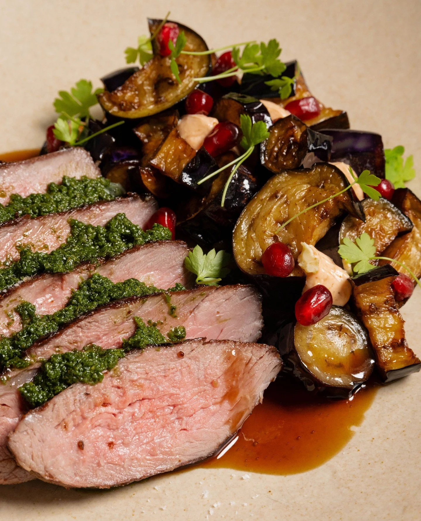 Lamb rump from the Southern Highlands, served with harissa-spiced sheep's milk yoghurt, eggplant, salsa verde, and pomegranate. A dish that moves between the familiar and the unexpected. Grounded in produce, shaped by the Mediterranean.⁠
⁠
@intercont