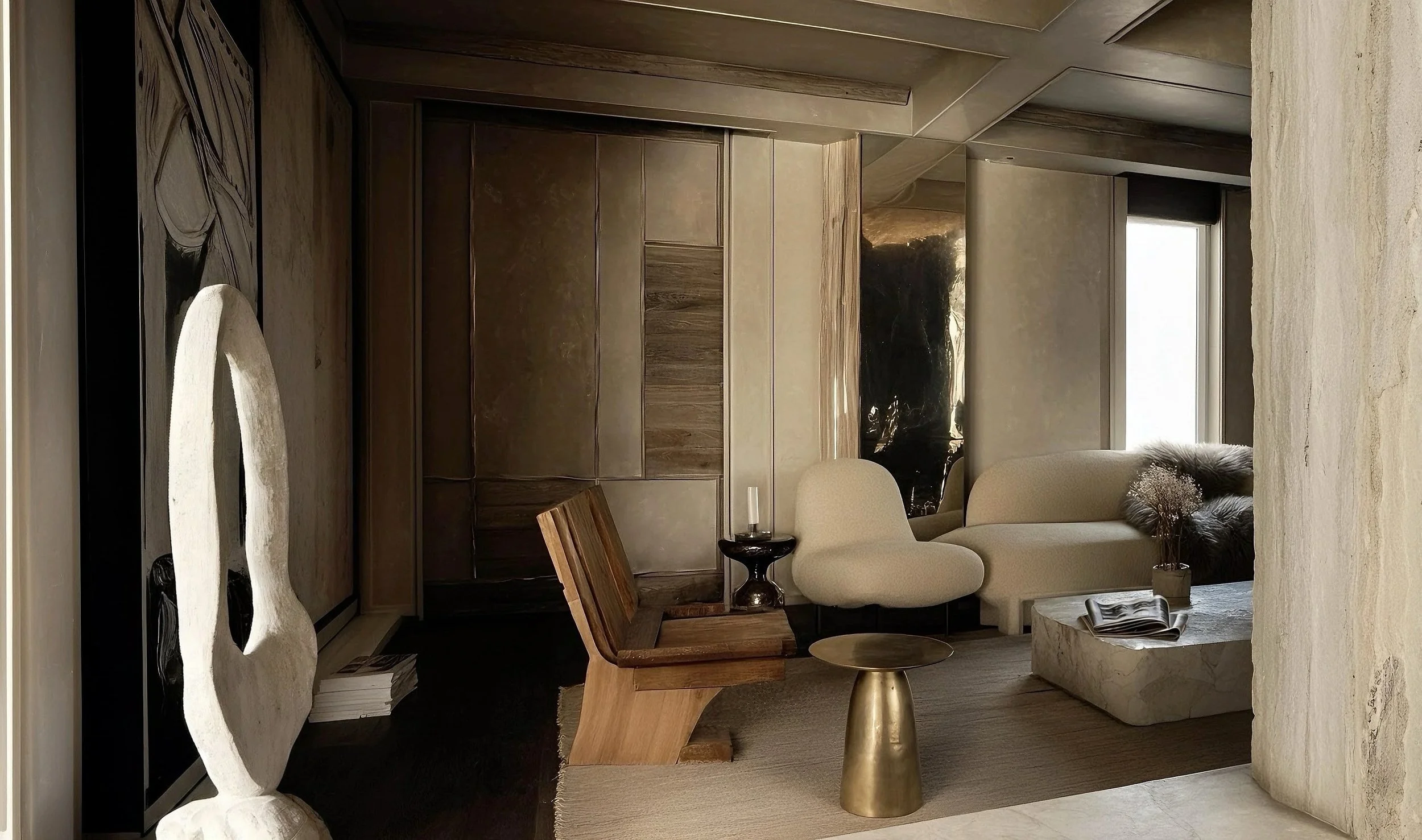 Modern interior with abstract sculpture, wooden chair, beige sofa, round brass table, and textured walls. Minimalist decor with muted colors.