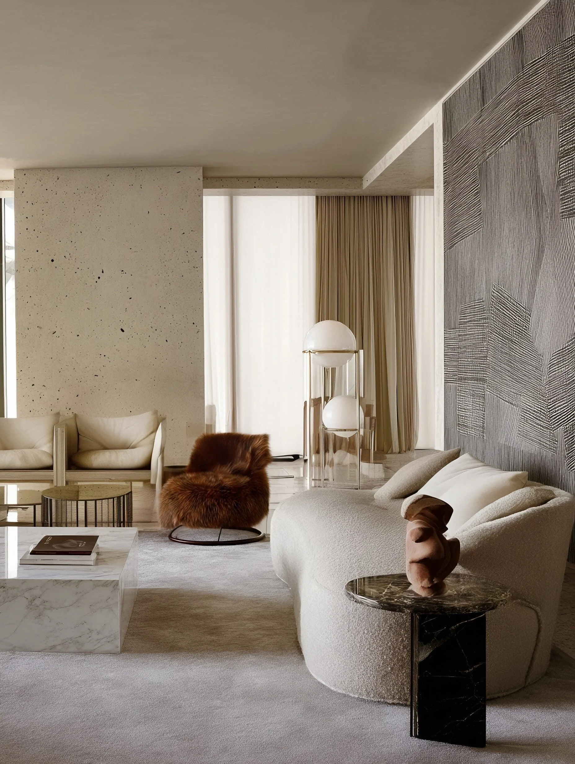 Modern living room with neutral tones, featuring a marble coffee table, curved sofa, sculptural side table, fur accent chair, and textured wall.
