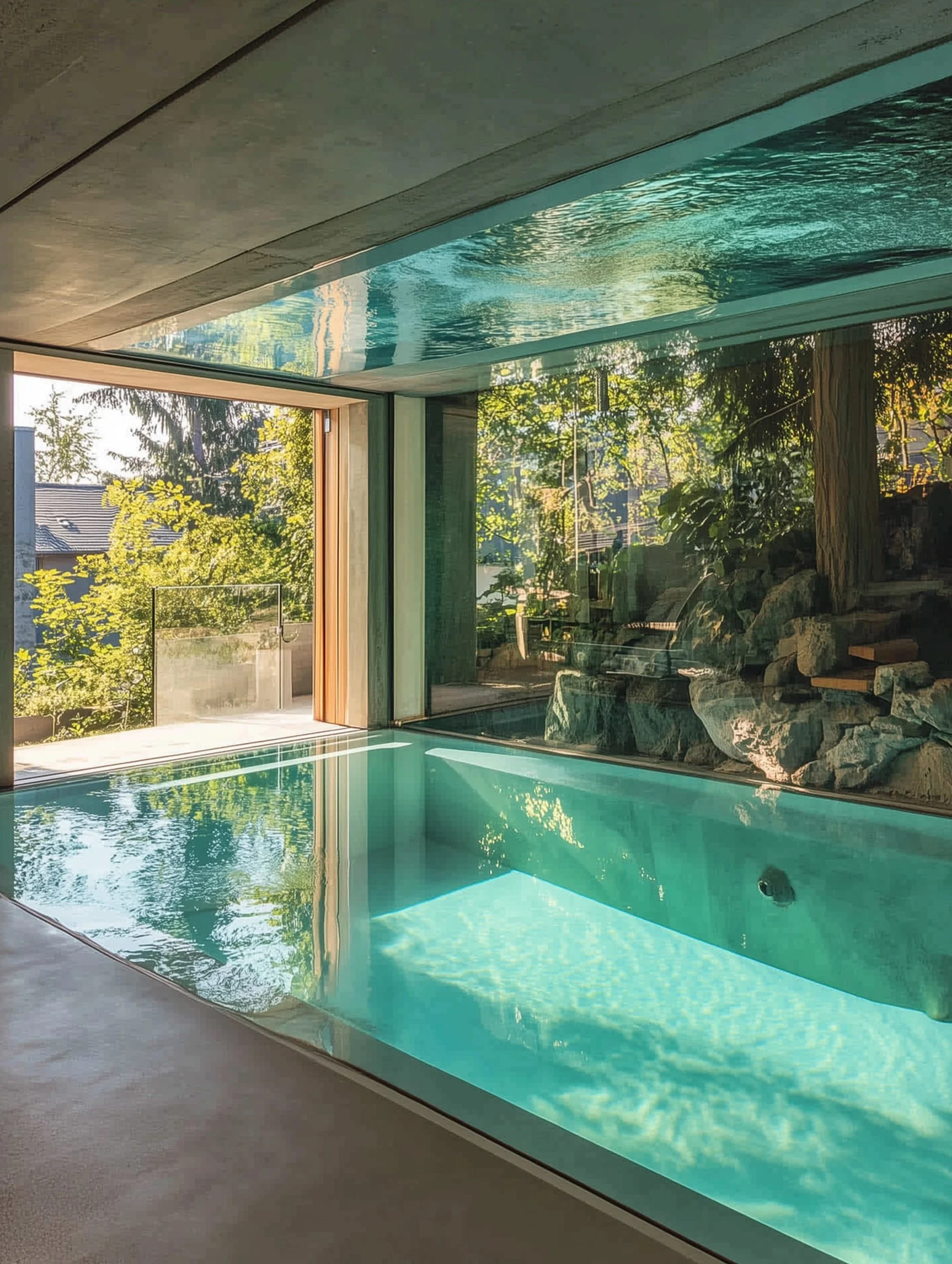 Indoor swimming pool with clear turquoise water, surrounded by glass walls showing an outdoor garden. Sunlight reflects on the water and on the ceiling, creating a serene atmosphere.