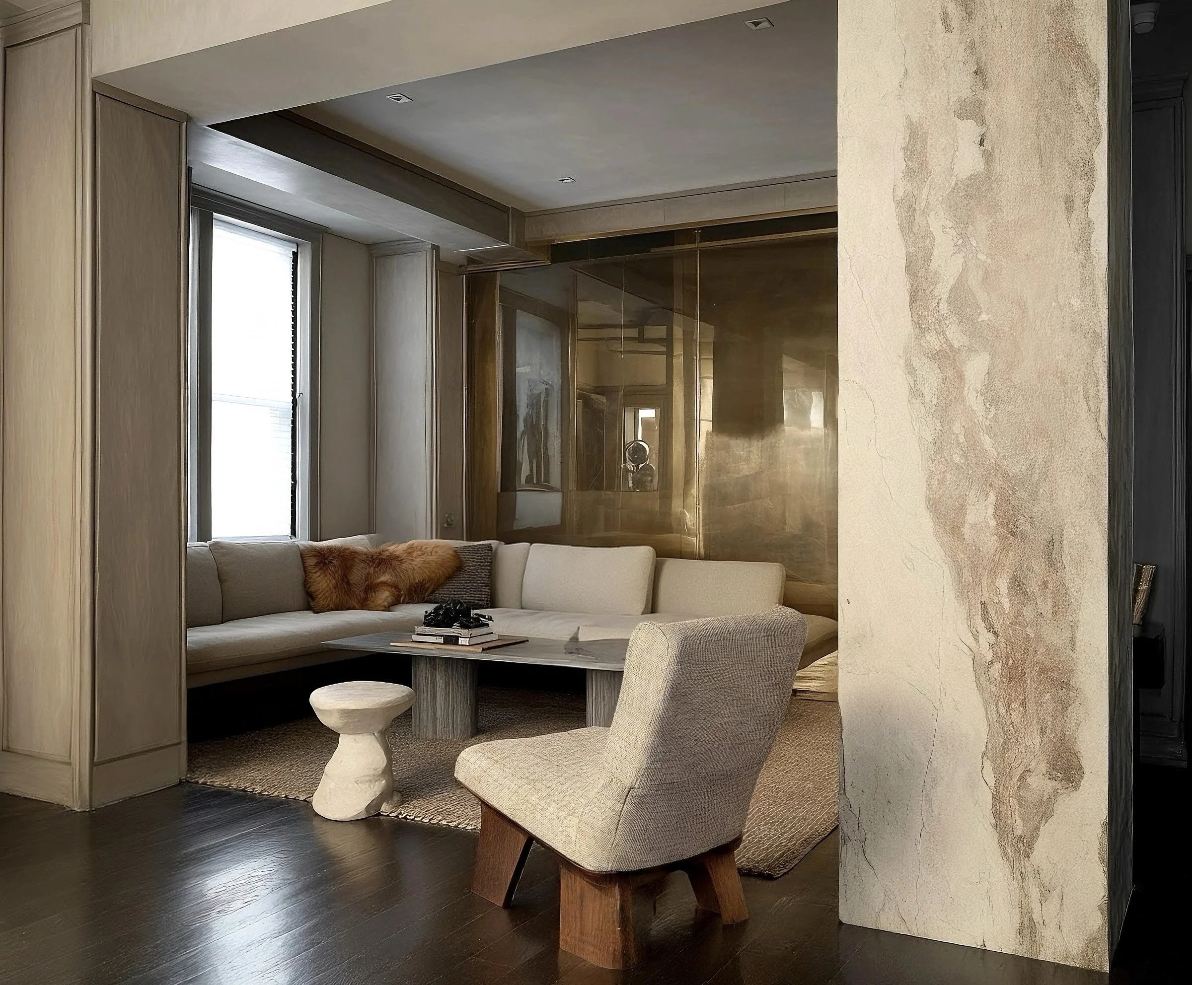 Modern living room with a beige sectional sofa, wooden coffee table, and textured walls.