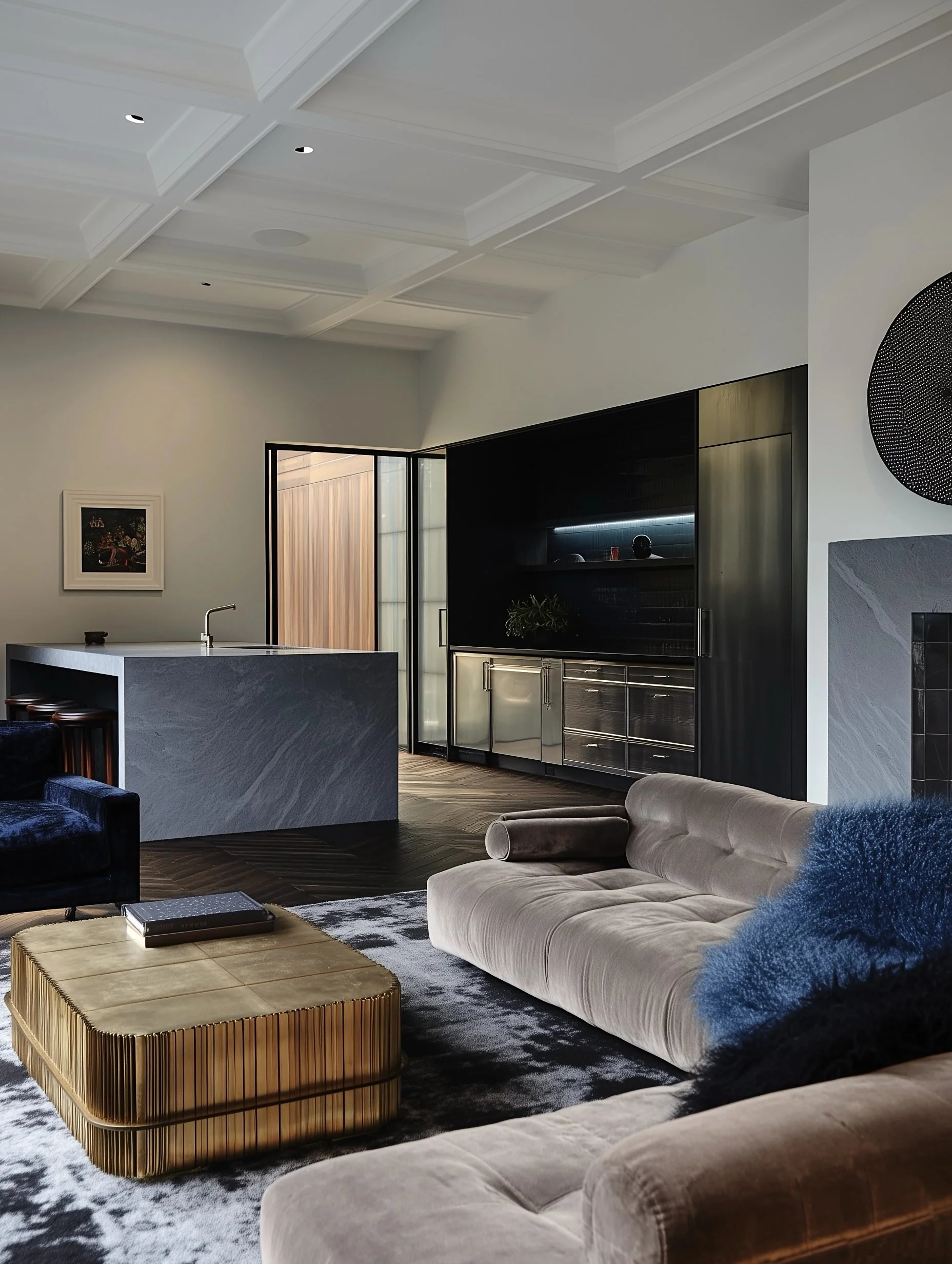 Modern living room with a contemporary design, featuring a velvet sofa, gold coffee table, and sleek kitchen area with black cabinetry and an island. The room has a coffered ceiling and stylish decor.