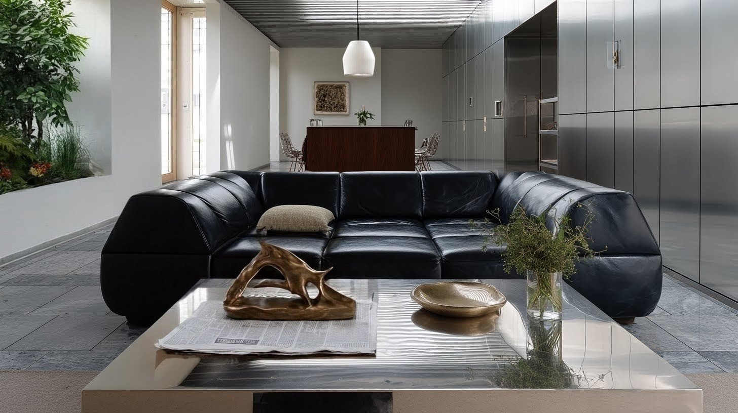 Modern living room with a black leather sectional sofa, glass coffee table holding abstract sculpture, plant, and decorative dish, indoor greenery, large cabinets, and a pendant light over a distant dining table.