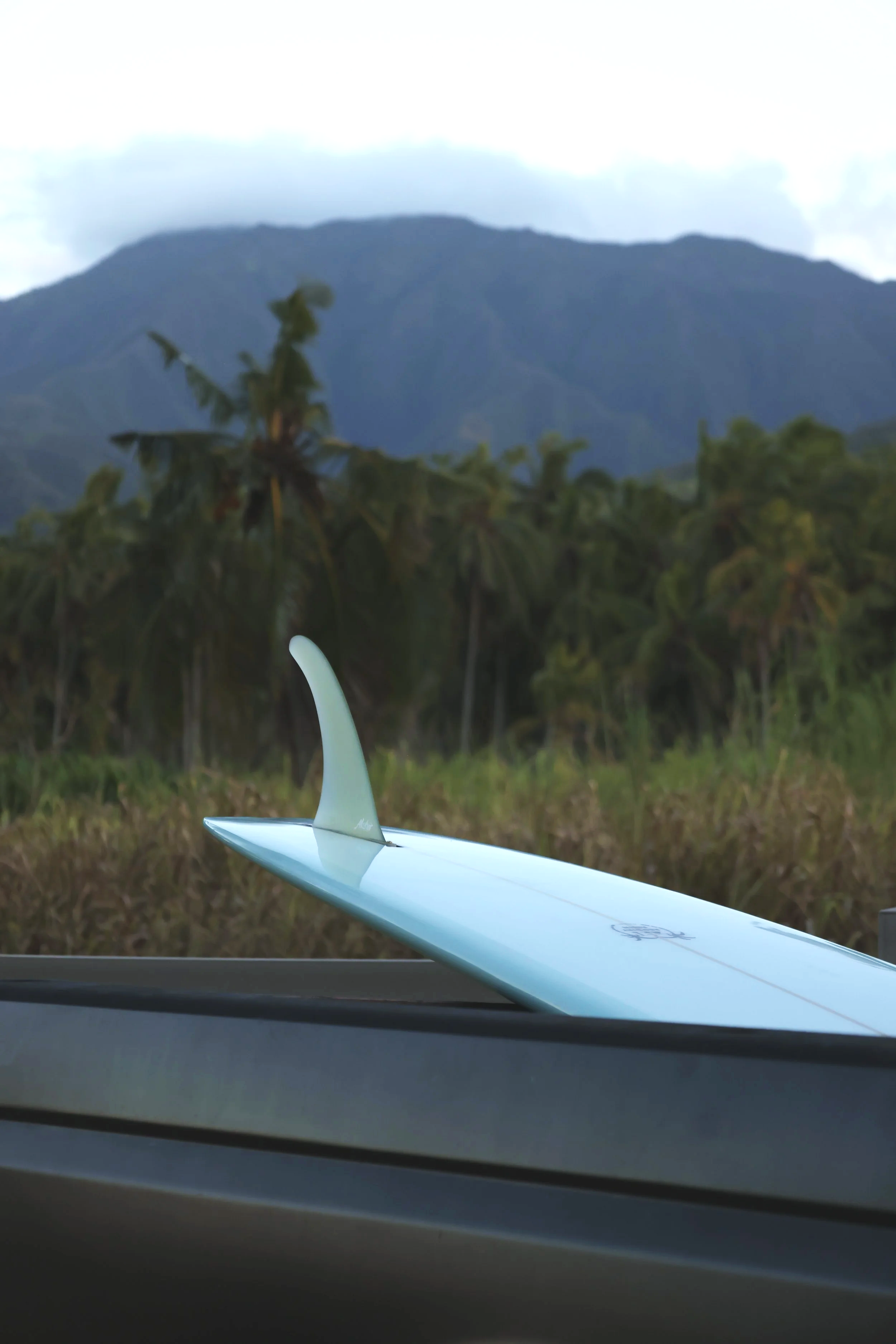 A surfboard fin on a car dashboard with a background of palm trees, mountains, and cloudy sky.