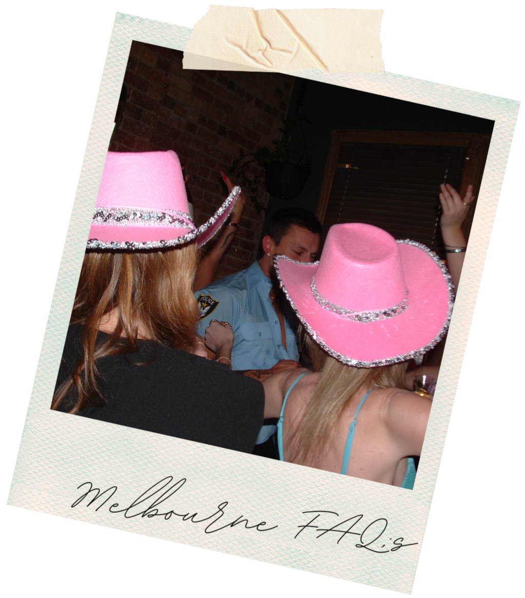 Frequently asked questions for male strippers in Melbourne with an accordion list and polaroid-style party photo.