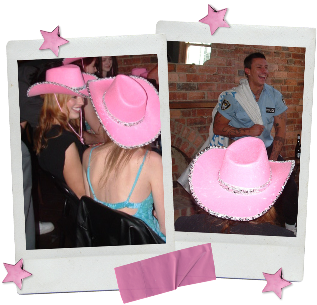 Two candid hens party photos showing a Hot Cop performer mid-entrance, highlighting the surprise moment and crowd reaction on the Gold Coast.