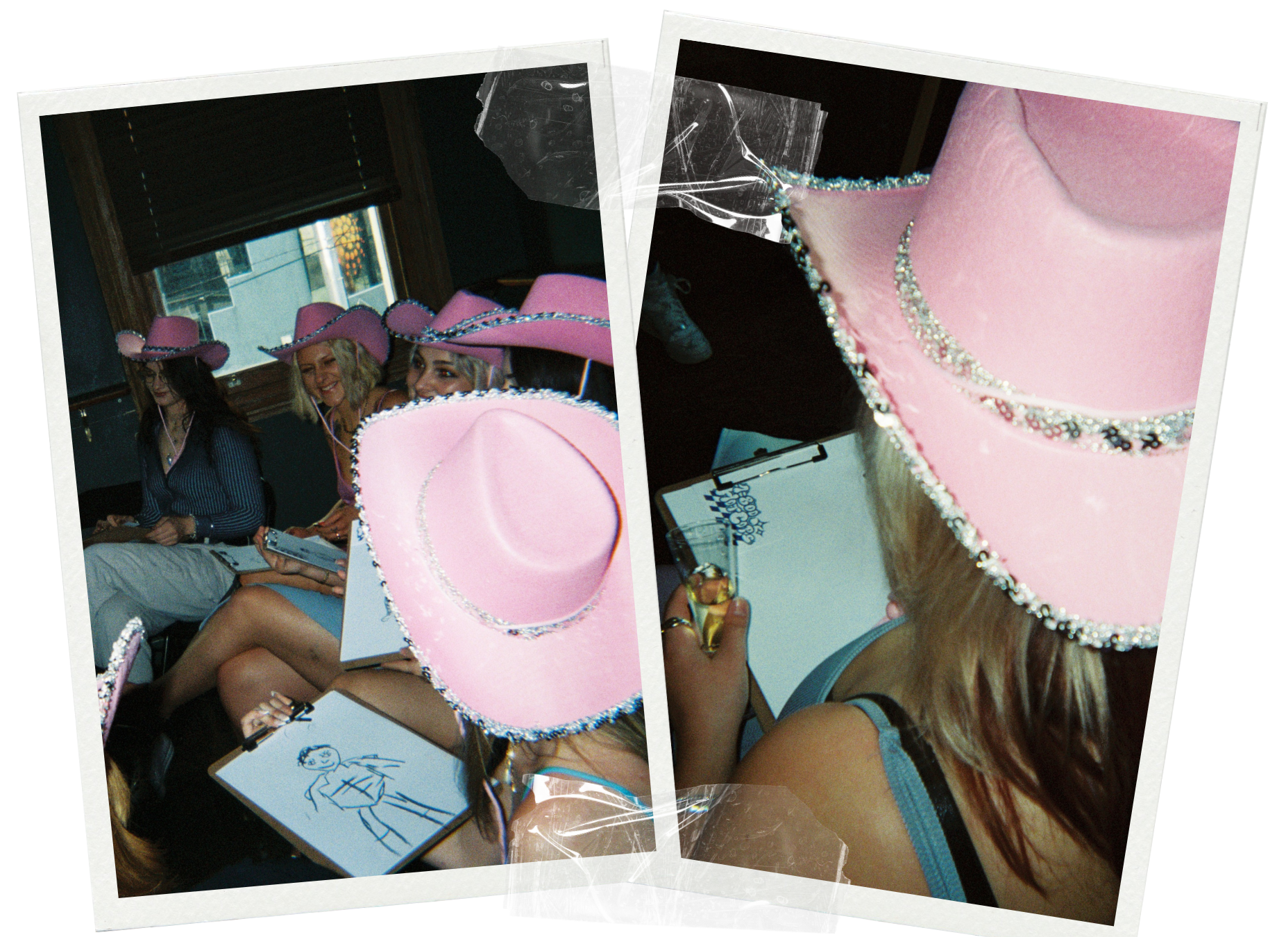Ladies in pink cowgirl hats laughing during a sketch and sip life drawing class at a hens party in Wodonga