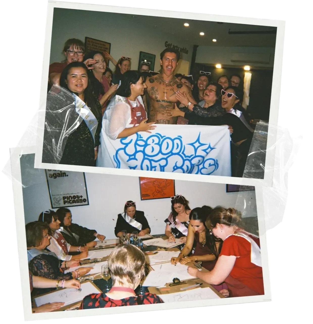 A group of ladies sketching on clipboards at a hens party life drawing class and posing with their male model in bathurst and orange