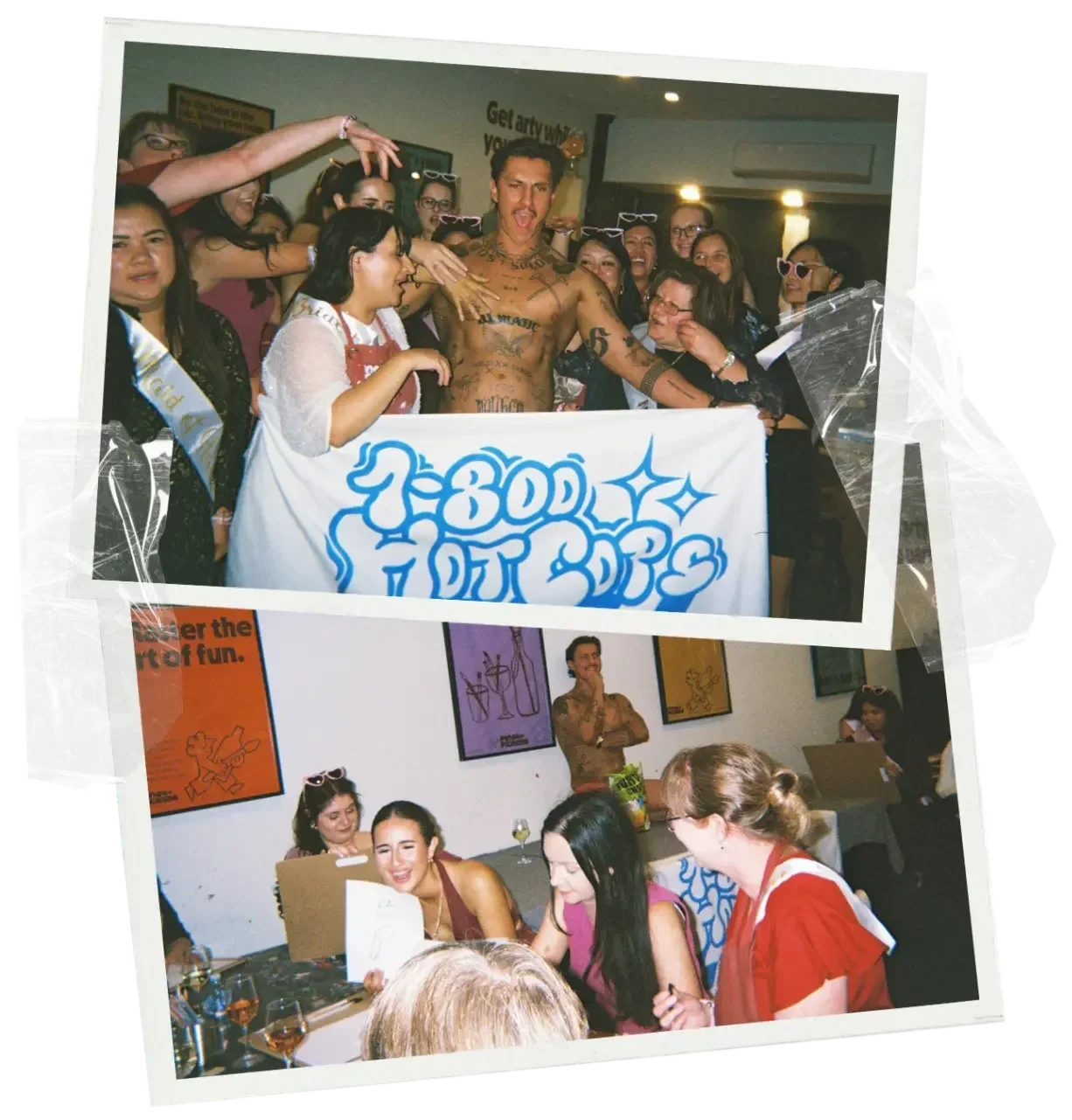Guests sketching a nude HotCop model at a mobile hens party life drawing class