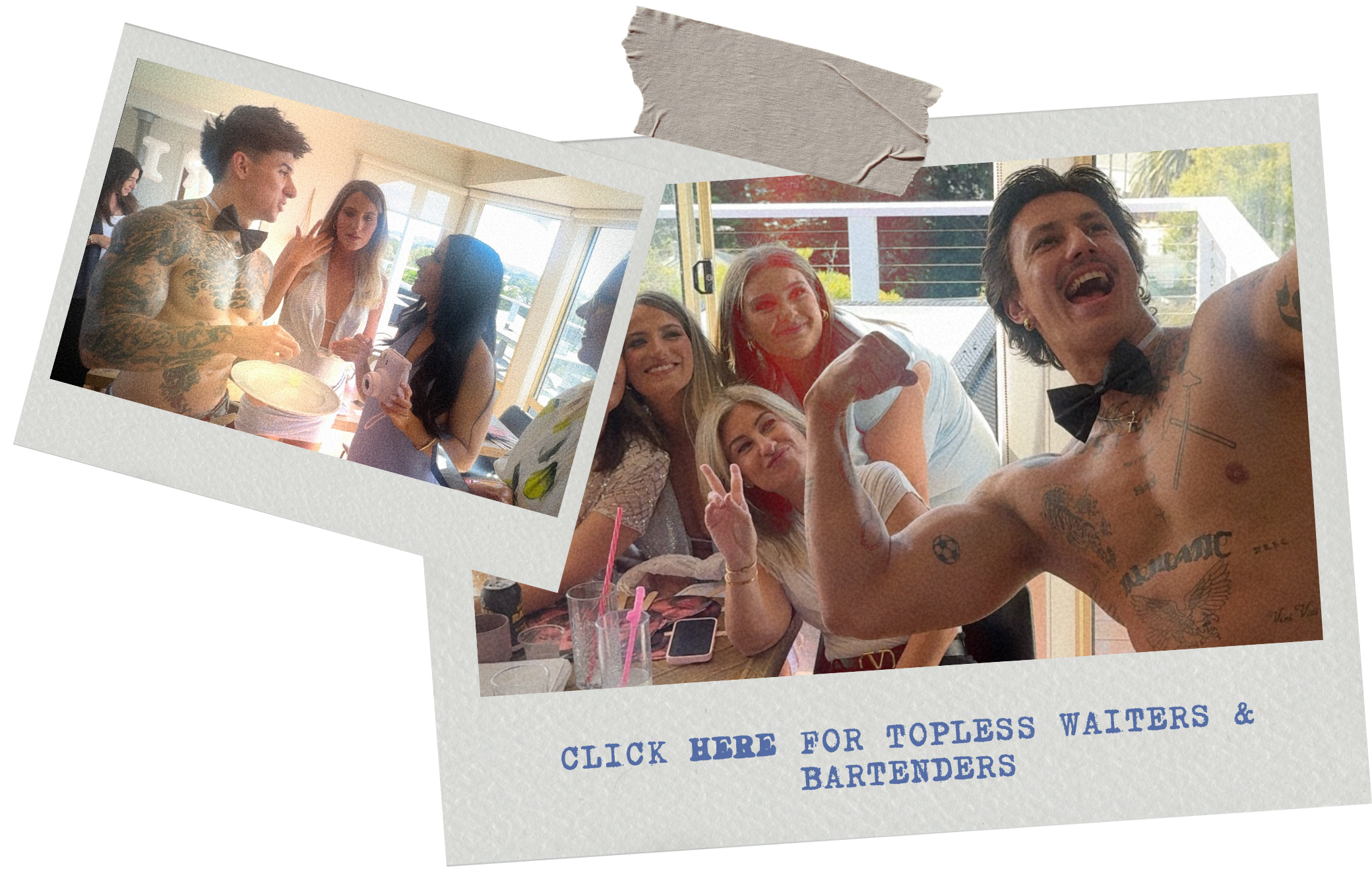 Topless waiters and bartenders Sydney hens party - tattooed 1800 Hot Cops waiter serving drinks and taking selfies with the group